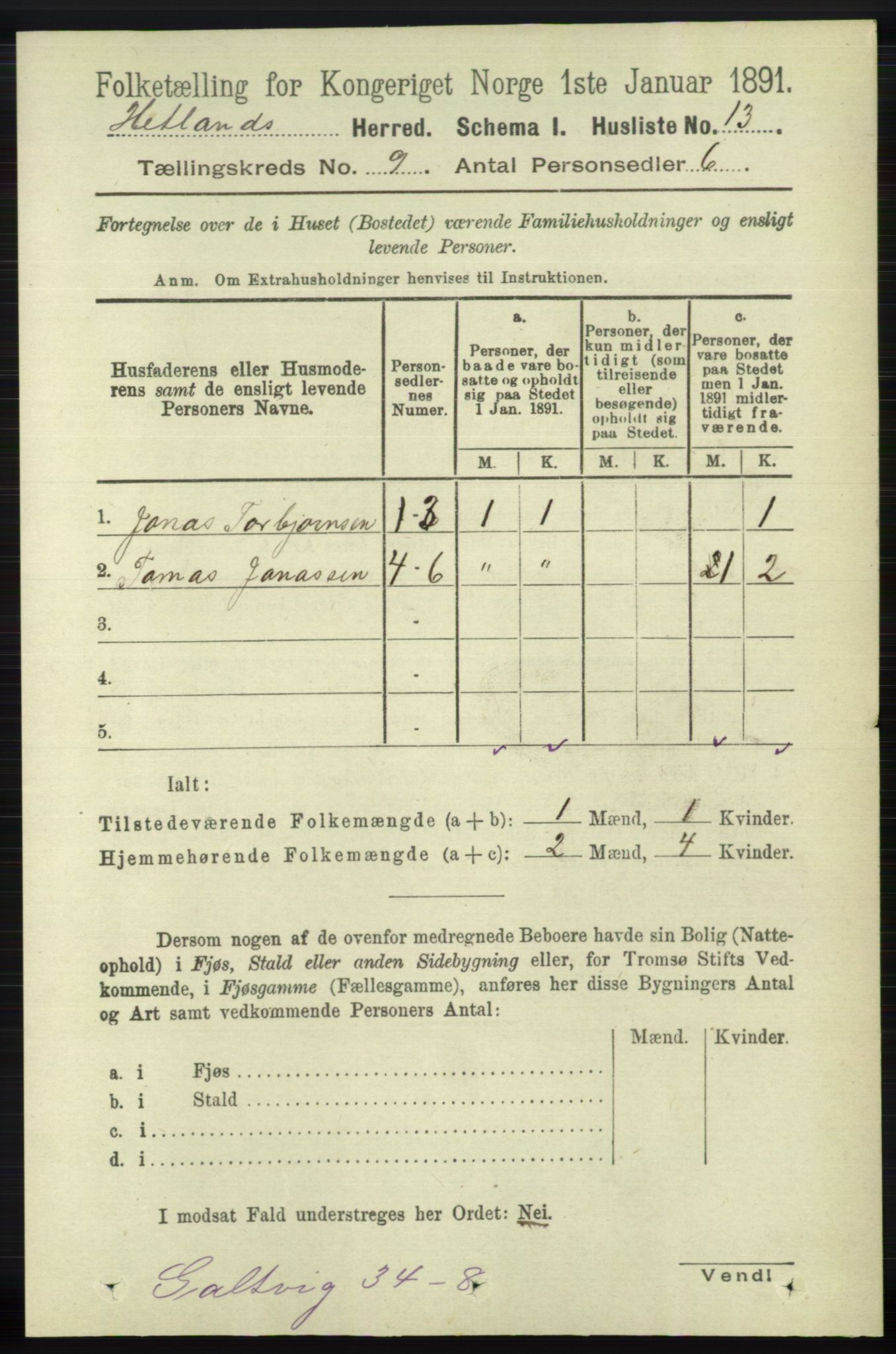 RA, 1891 census for 1126 Hetland, 1891, p. 5018