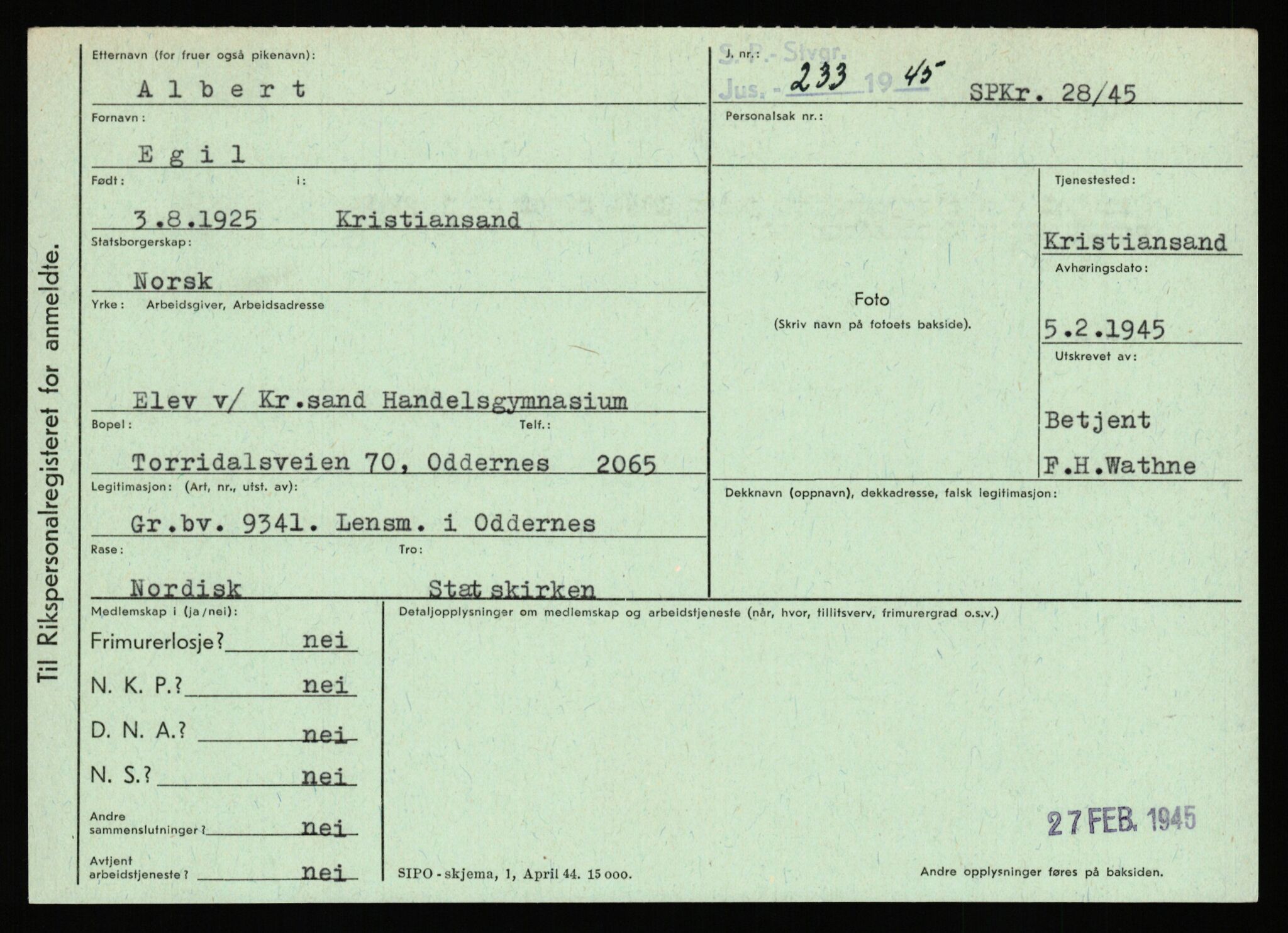 Statspolitiet - Hovedkontoret / Osloavdelingen, AV/RA-S-1329/C/Ca/L0001: Aabakken - Armann, 1943-1945, p. 1329