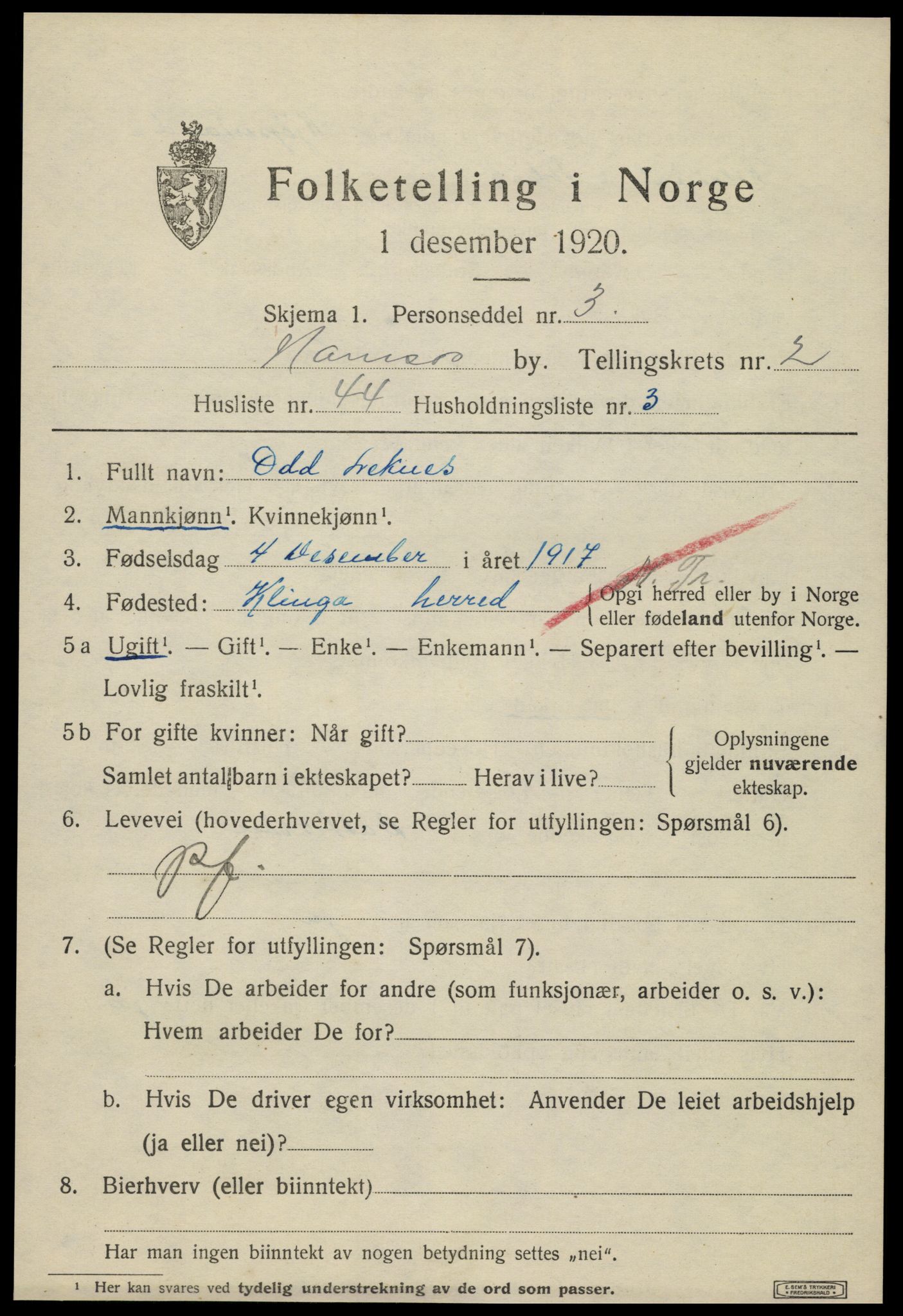 SAT, 1920 census for Namsos, 1920, p. 3729