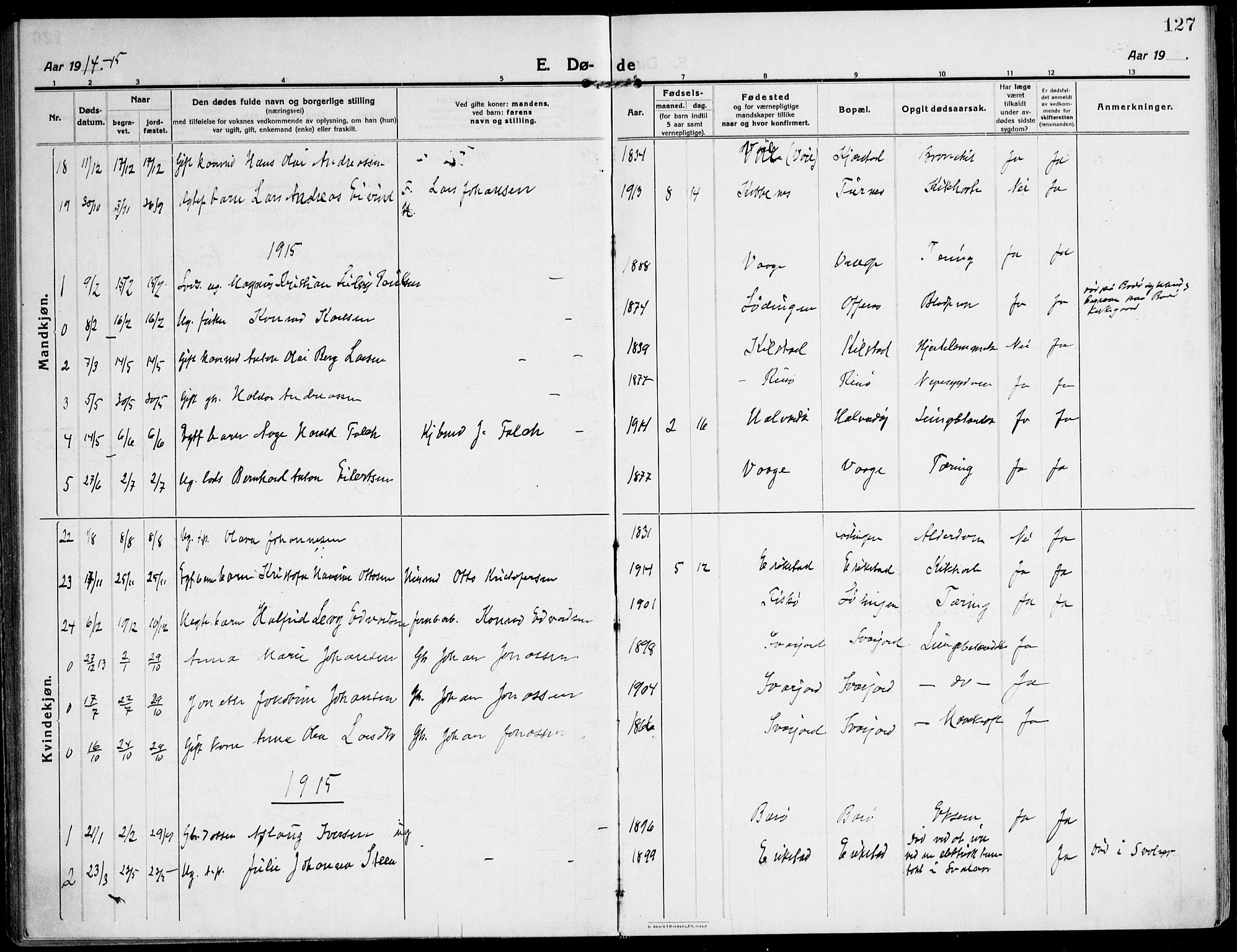 Ministerialprotokoller, klokkerbøker og fødselsregistre - Nordland, AV/SAT-A-1459/872/L1037: Parish register (official) no. 872A12, 1914-1925, p. 127