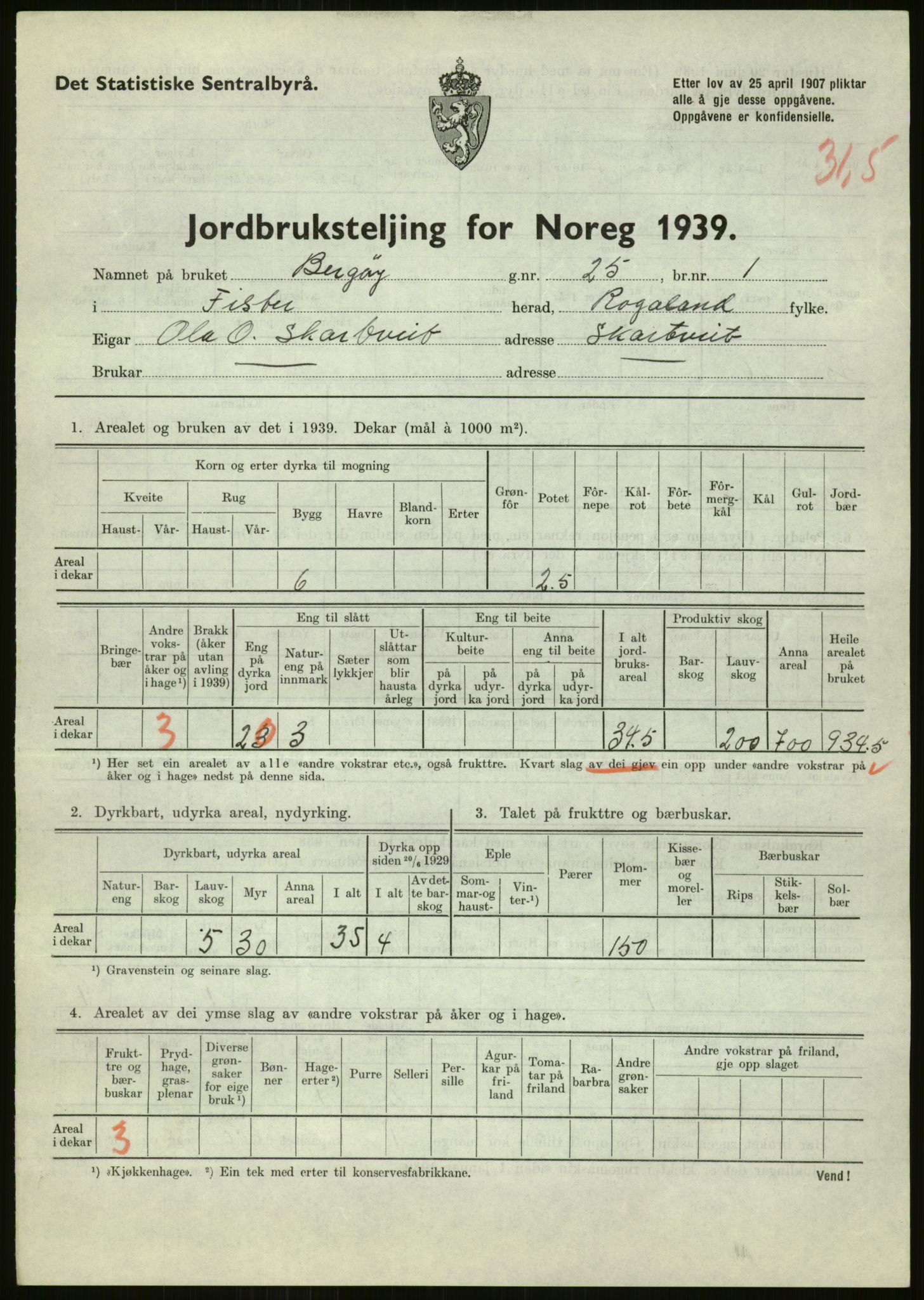 Statistisk sentralbyrå, Næringsøkonomiske emner, Jordbruk, skogbruk, jakt, fiske og fangst, AV/RA-S-2234/G/Gb/L0184: Rogaland: Årdal, Fister og Hjelmeland, 1939, p. 263