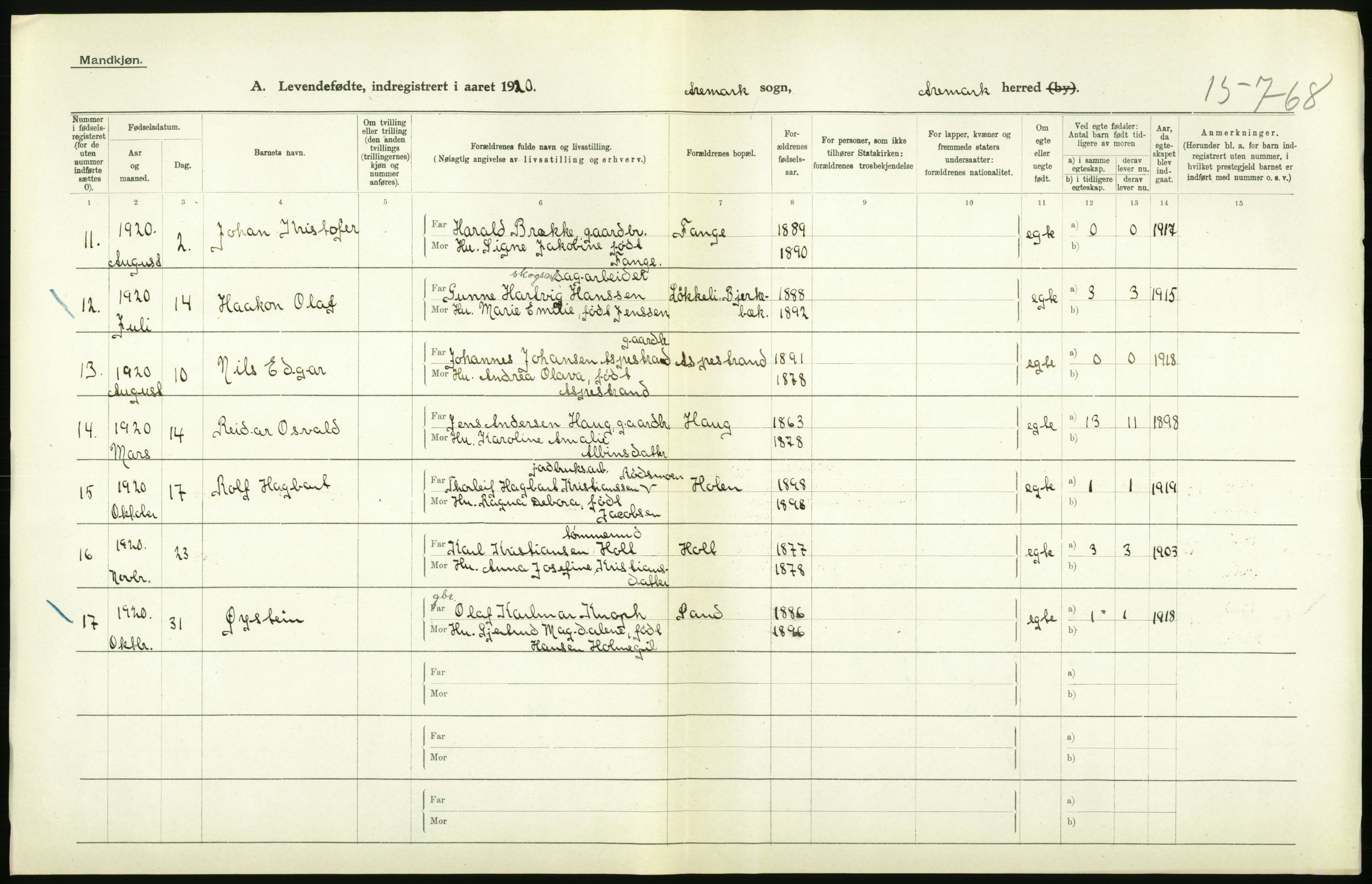 Statistisk sentralbyrå, Sosiodemografiske emner, Befolkning, RA/S-2228/D/Df/Dfb/Dfbj/L0001: Østfold fylke: Levendefødte menn og kvinner. Bygder., 1920, p. 276