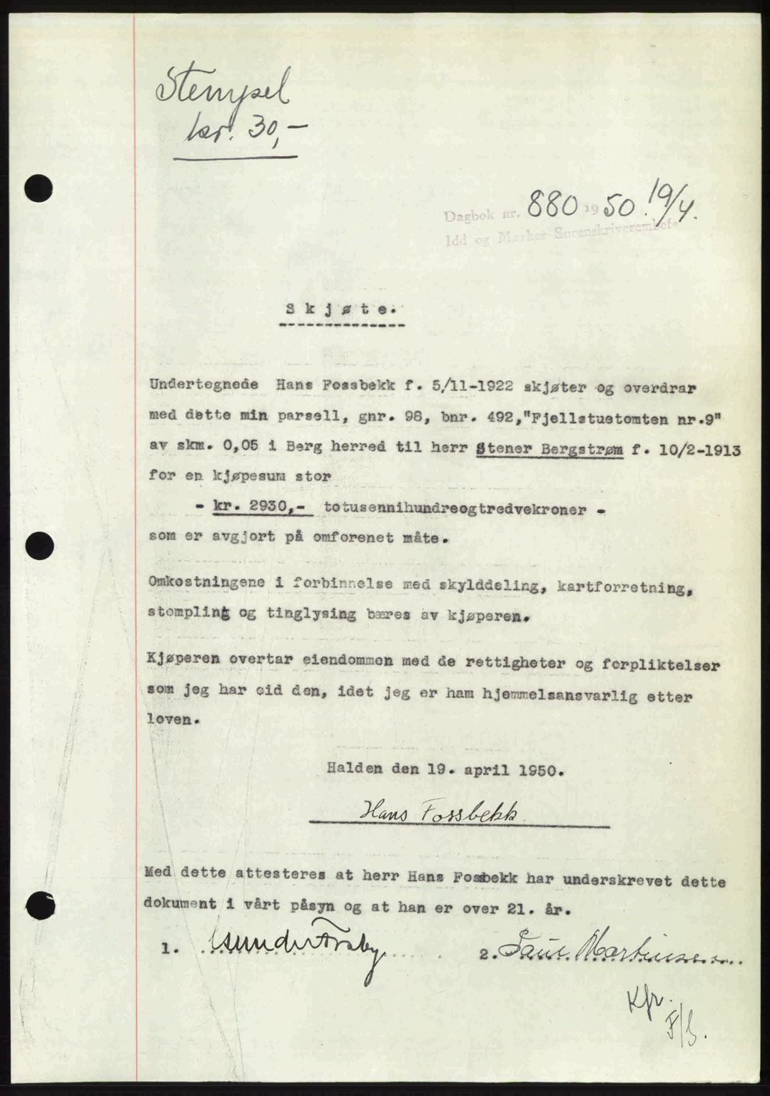 Idd og Marker sorenskriveri, AV/SAO-A-10283/G/Gb/Gbb/L0014: Mortgage book no. A14, 1950-1950, Diary no: : 880/1950