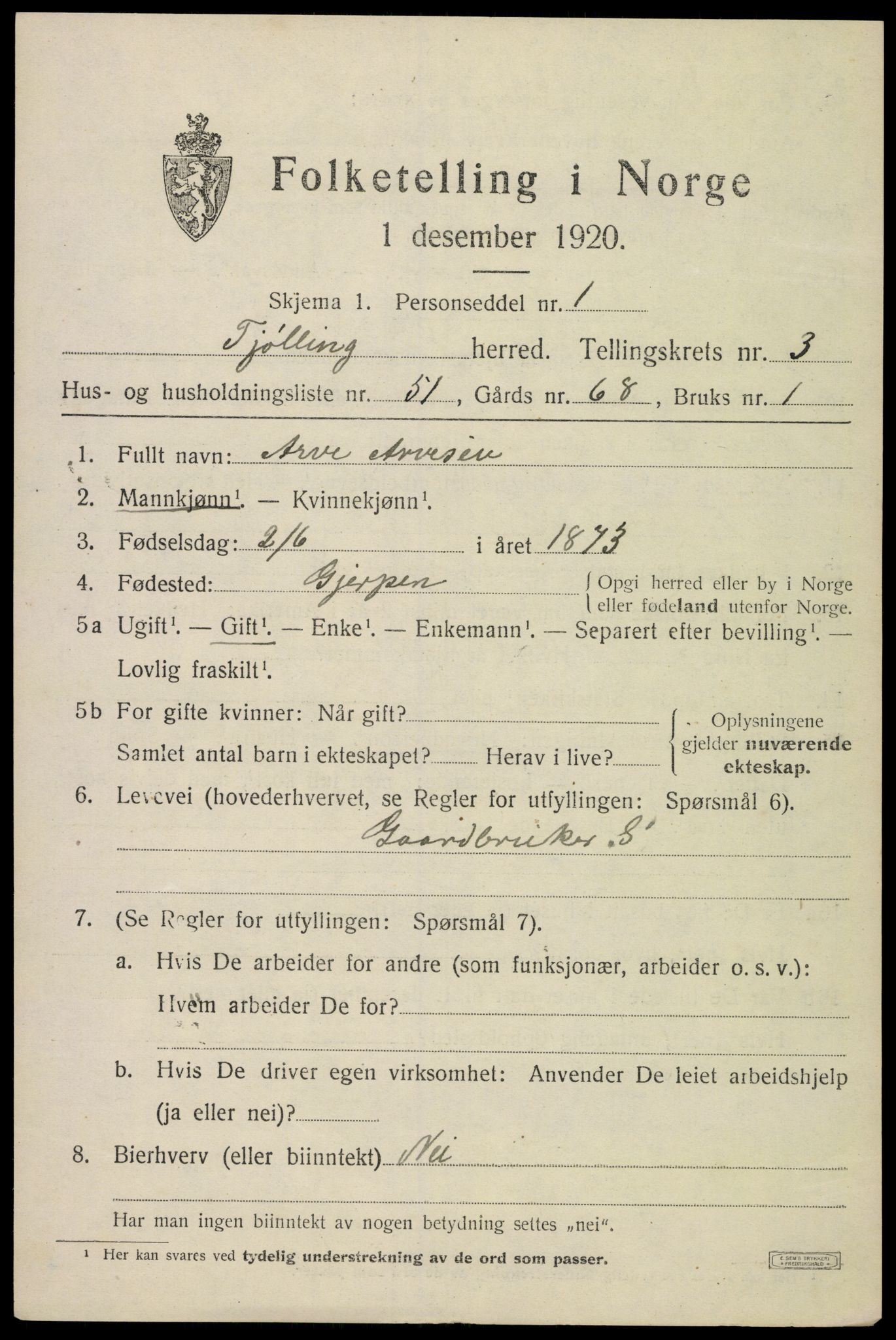 SAKO, 1920 census for Tjølling, 1920, p. 7483