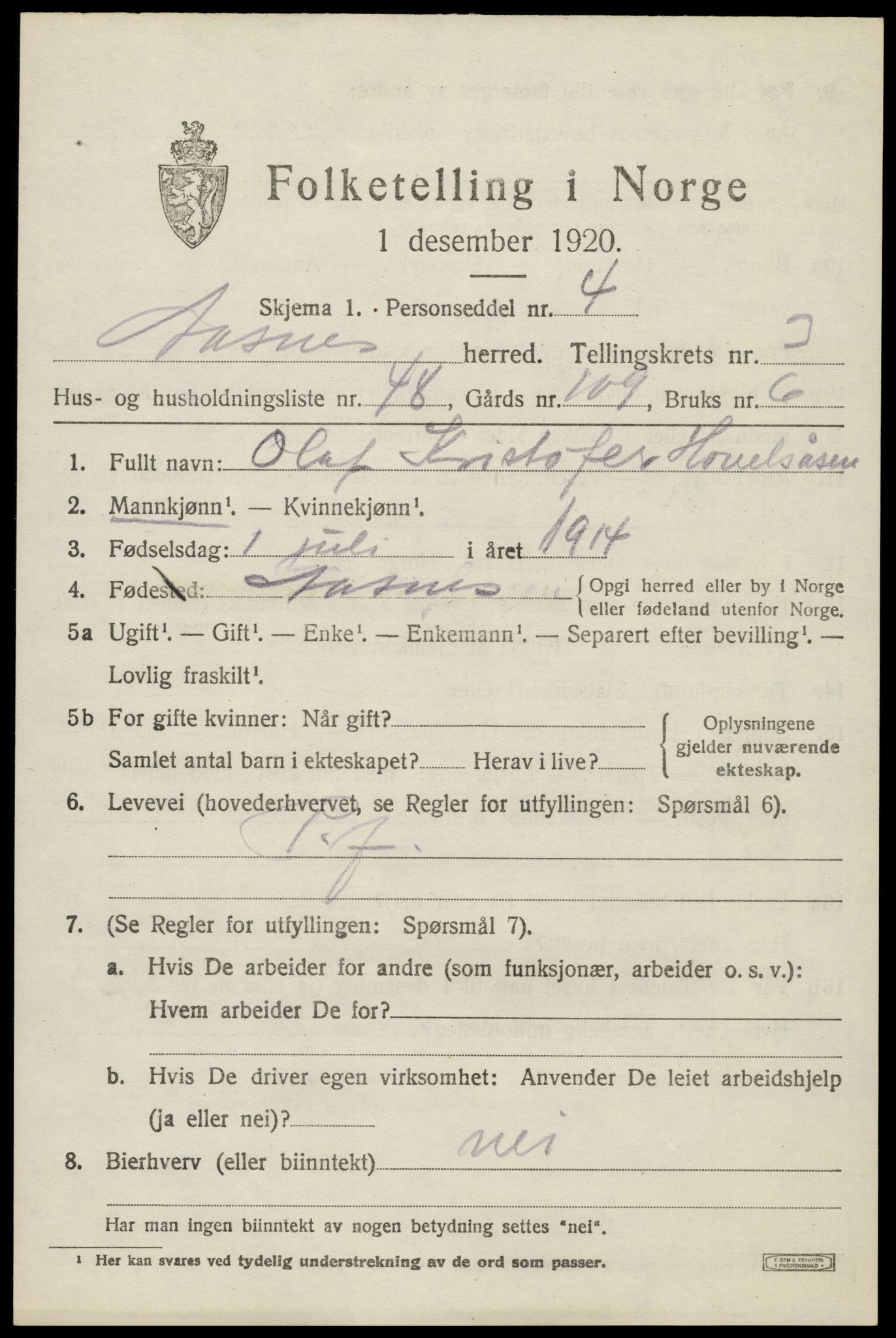 SAH, 1920 census for Åsnes, 1920, p. 4360