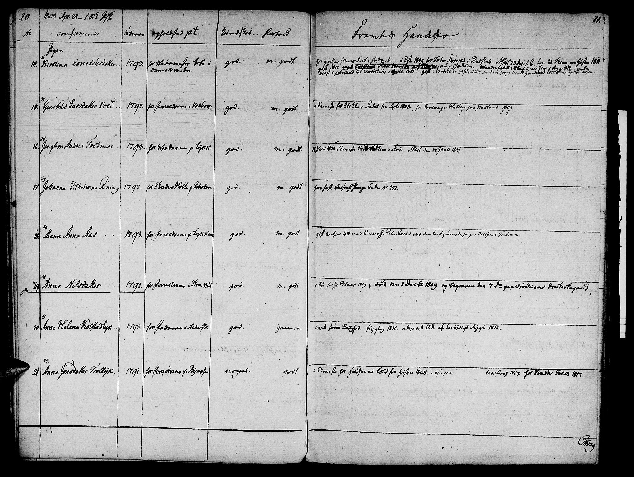 Ministerialprotokoller, klokkerbøker og fødselsregistre - Sør-Trøndelag, SAT/A-1456/601/L0069: Curate's parish register no. 601B02, 1807-1836, p. 20-21