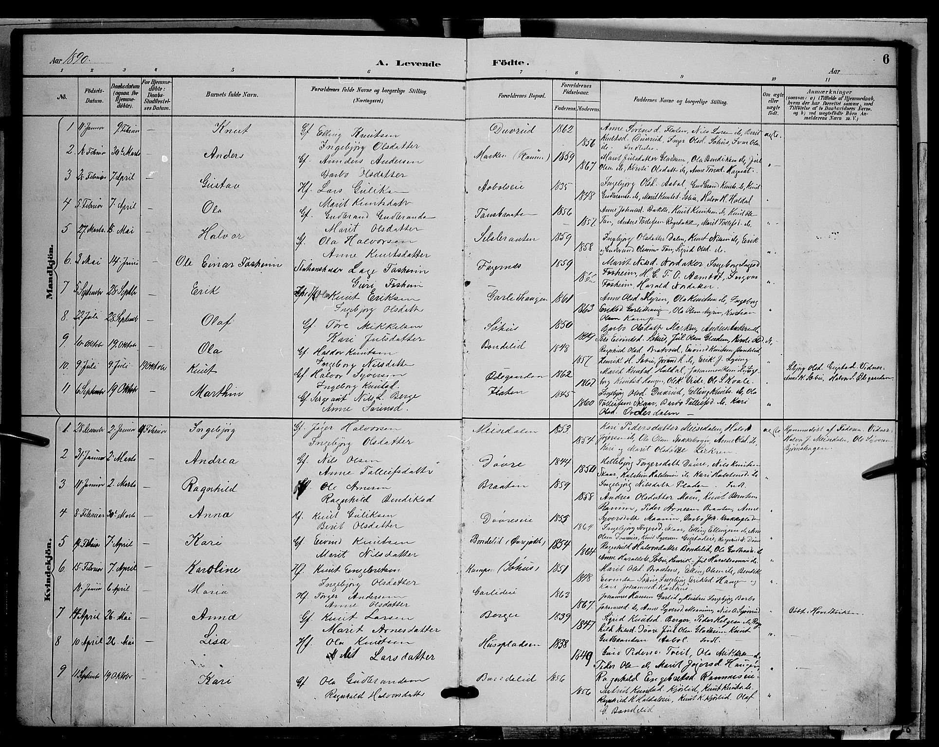 Nord-Aurdal prestekontor, SAH/PREST-132/H/Ha/Hab/L0009: Parish register (copy) no. 9, 1887-1897, p. 6