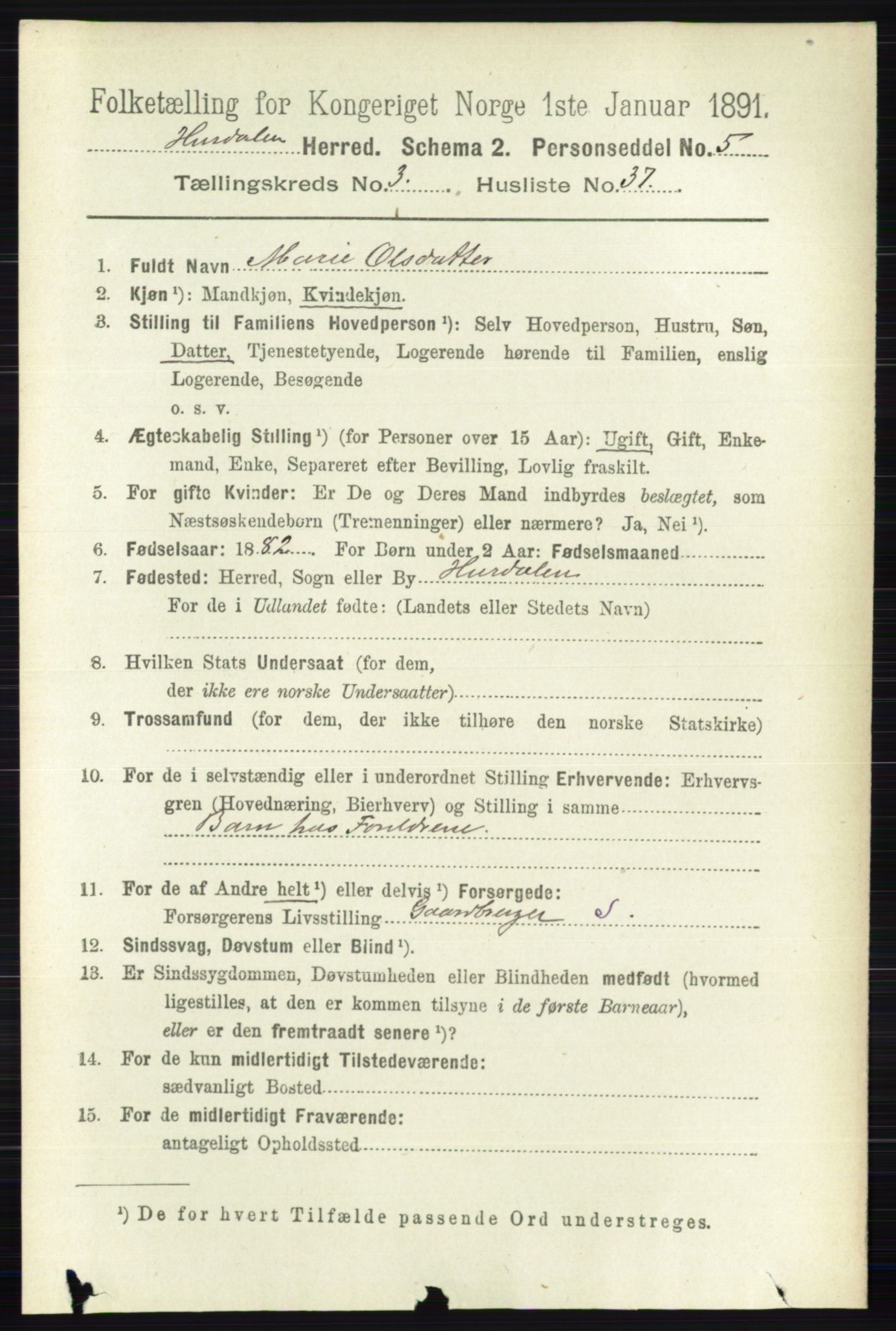 RA, 1891 census for 0239 Hurdal, 1891, p. 1317