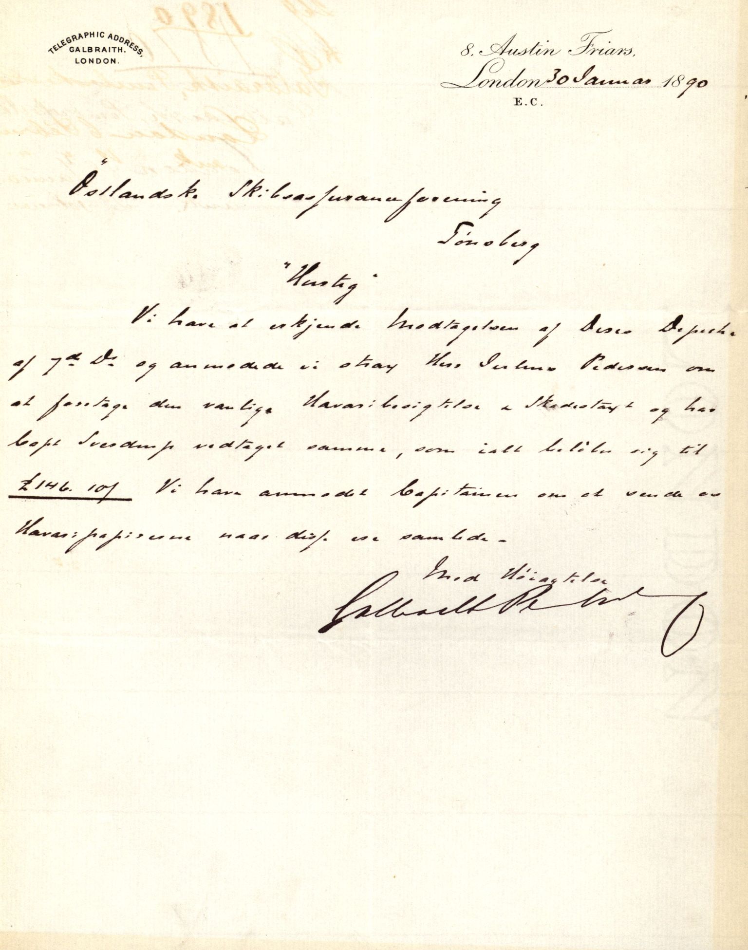 Pa 63 - Østlandske skibsassuranceforening, VEMU/A-1079/G/Ga/L0025/0005: Havaridokumenter / Jacbez, Brin, Eugenie, Lyna, Løvspring, Hurtig, 1890, p. 92