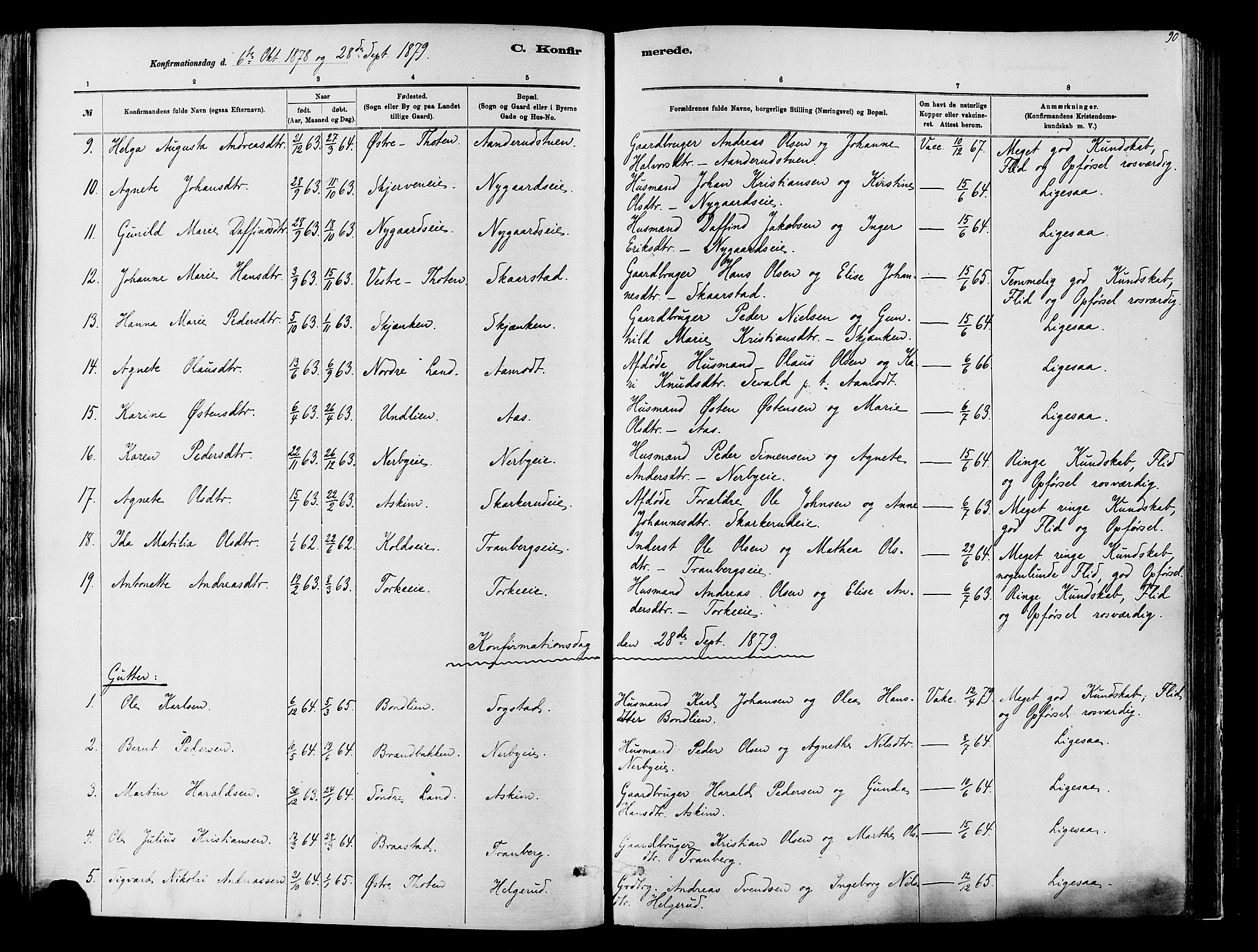 Vardal prestekontor, SAH/PREST-100/H/Ha/Haa/L0009: Parish register (official) no. 9, 1878-1892, p. 90