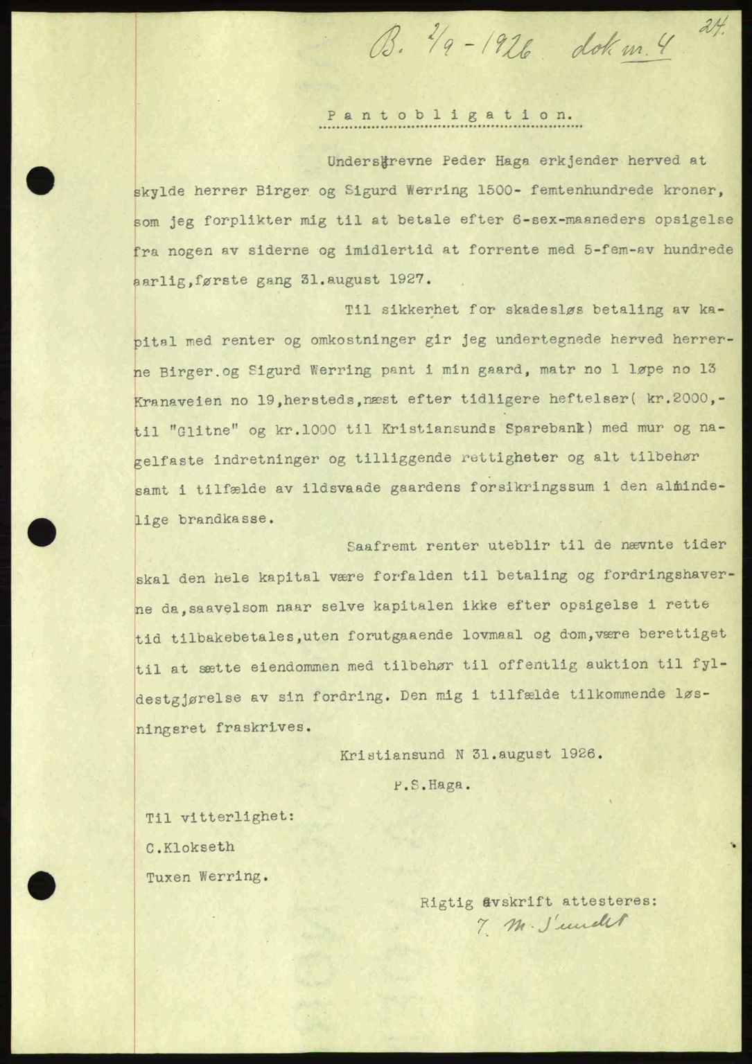 Kristiansund byfogd, AV/SAT-A-4587/A/27: Mortgage book no. 21, 1926-1928, Deed date: 02.09.1926