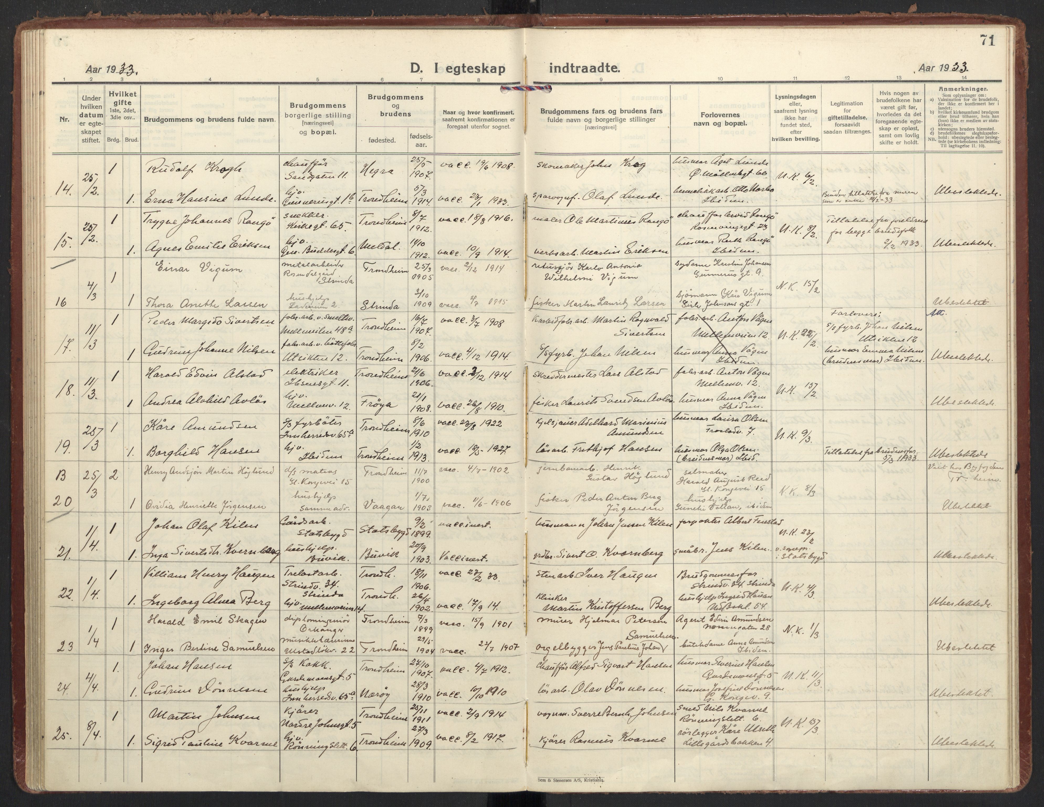 Ministerialprotokoller, klokkerbøker og fødselsregistre - Sør-Trøndelag, AV/SAT-A-1456/605/L0249: Parish register (official) no. 605A11, 1925-1936, p. 71