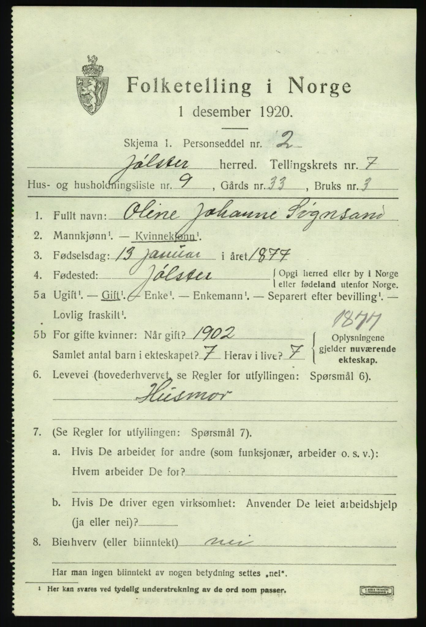 SAB, 1920 census for Jølster, 1920, p. 3664