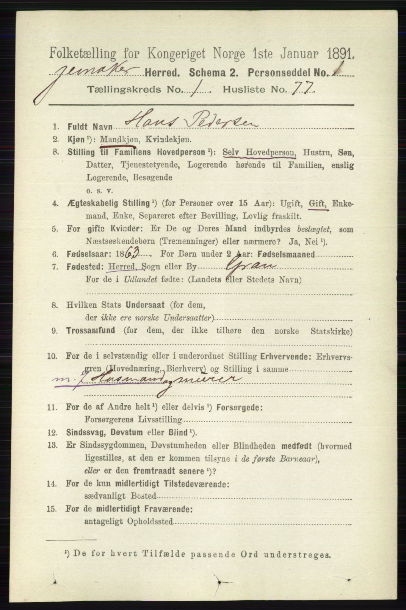 RA, 1891 census for 0532 Jevnaker, 1891, p. 549