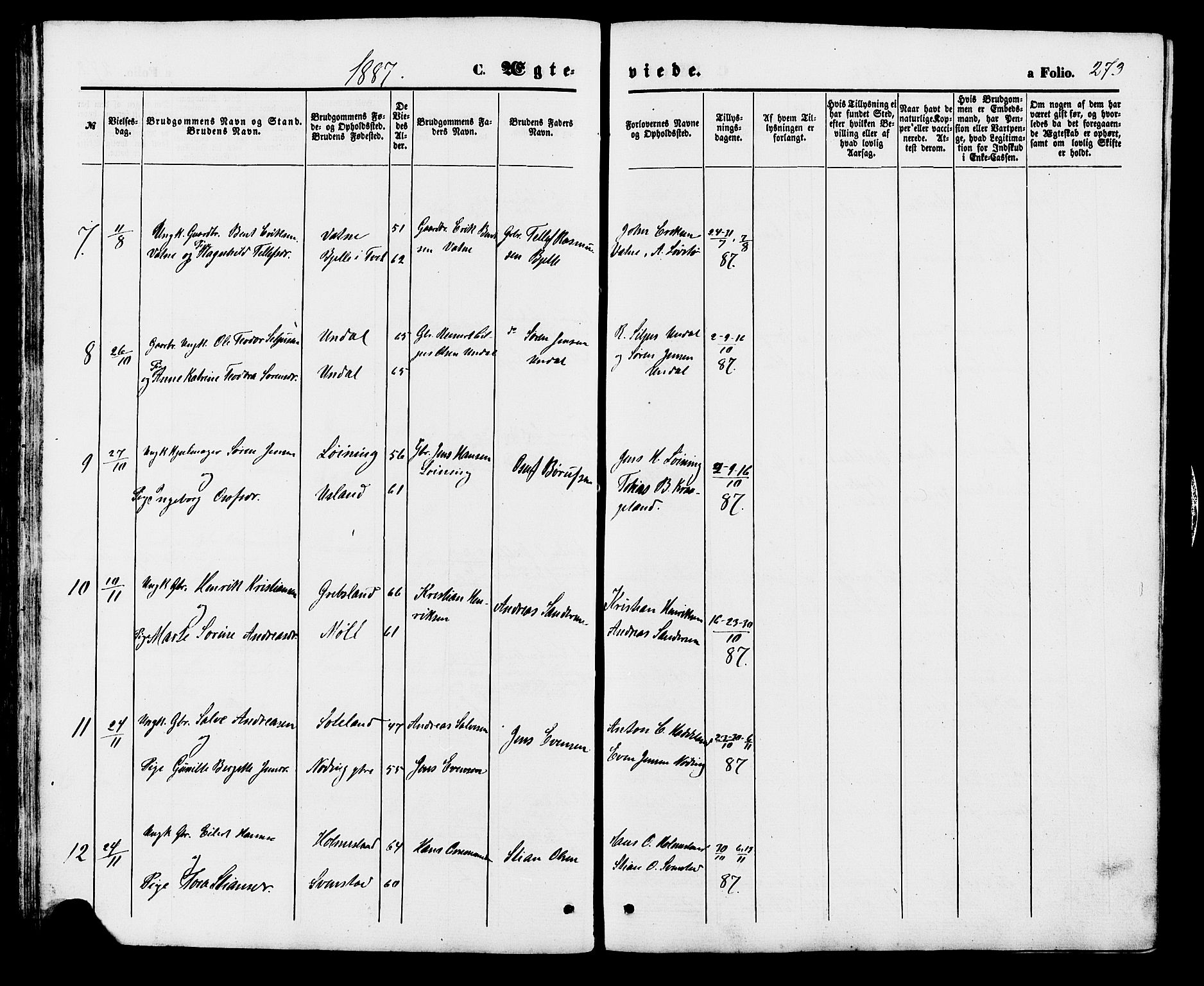 Holum sokneprestkontor, AV/SAK-1111-0022/F/Fb/Fba/L0004: Parish register (copy) no. B 4, 1867-1890, p. 273