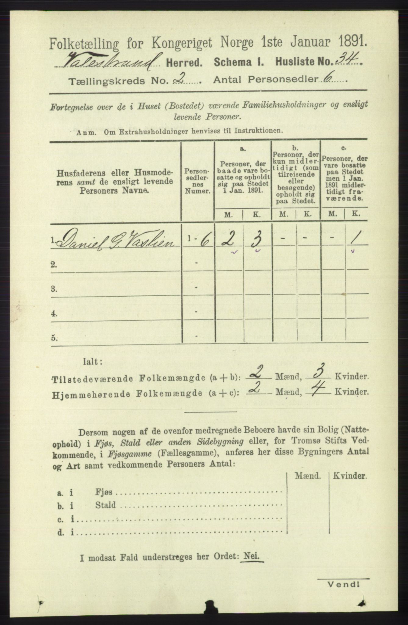 RA, 1891 census for 1217 Valestrand, 1891, p. 293