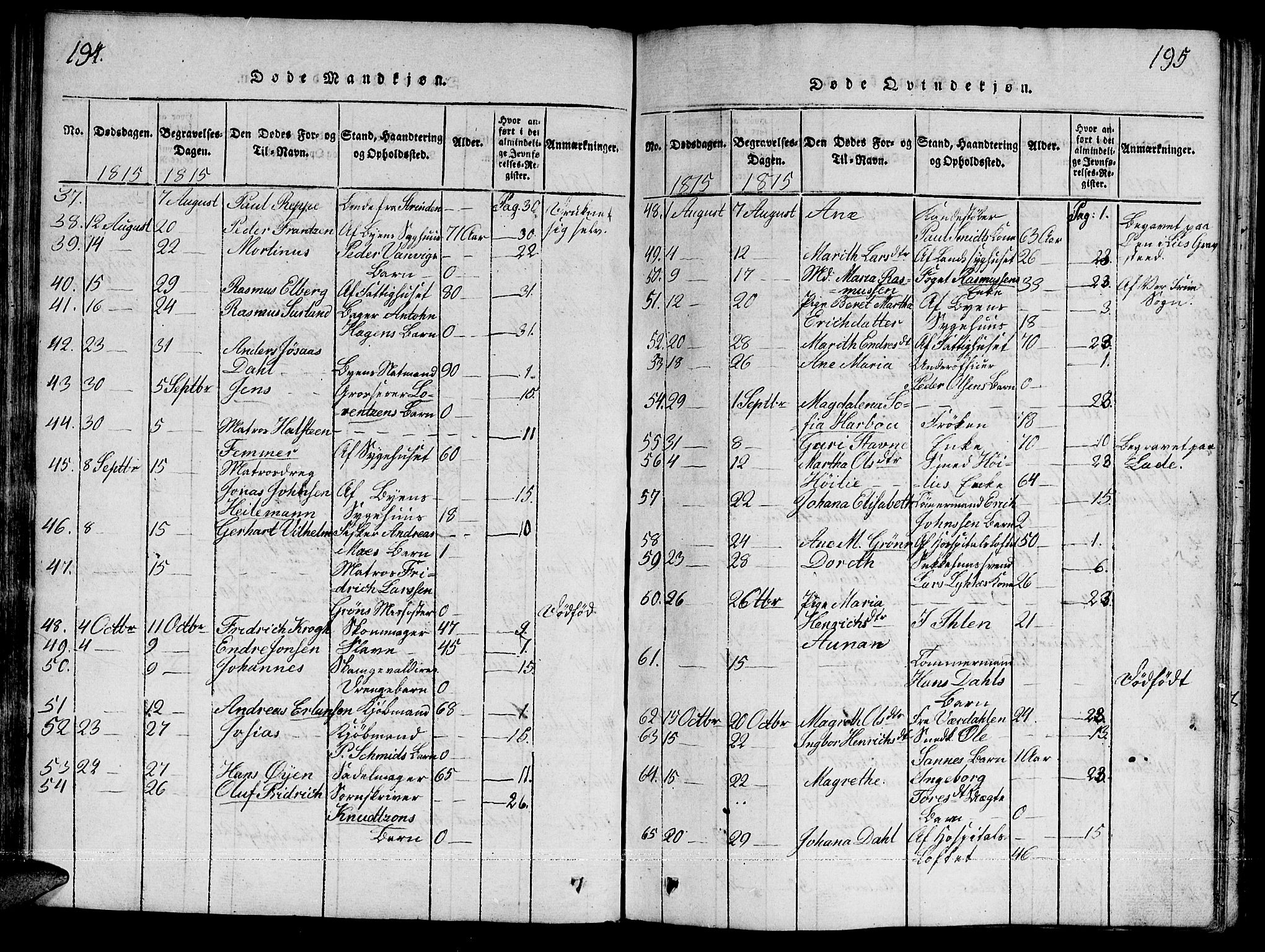 Ministerialprotokoller, klokkerbøker og fødselsregistre - Sør-Trøndelag, SAT/A-1456/601/L0043: Parish register (official) no. 601A11, 1815-1821, p. 194-195