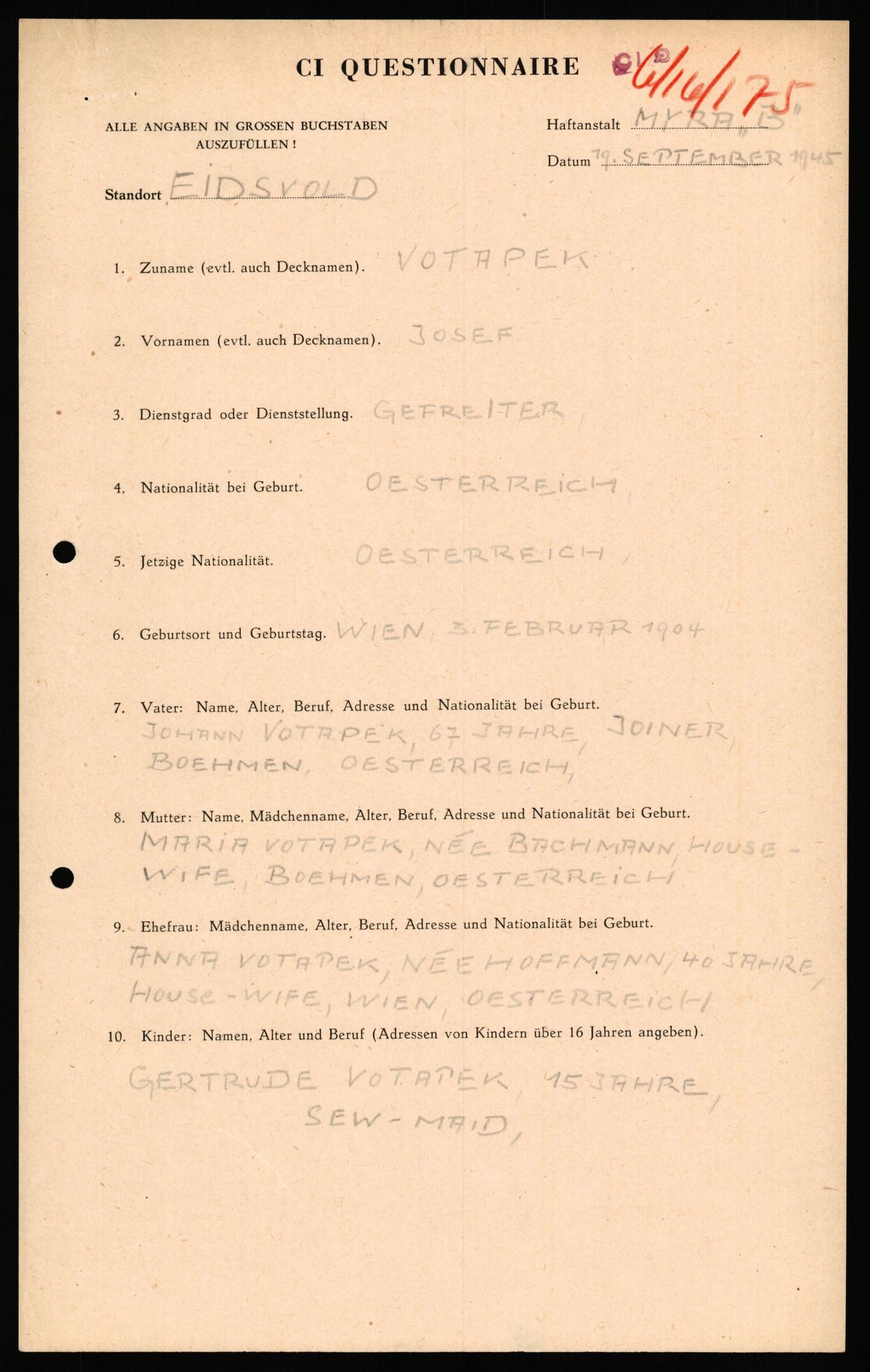 Forsvaret, Forsvarets overkommando II, AV/RA-RAFA-3915/D/Db/L0040: CI Questionaires. Tyske okkupasjonsstyrker i Norge. Østerrikere., 1945-1946, p. 331