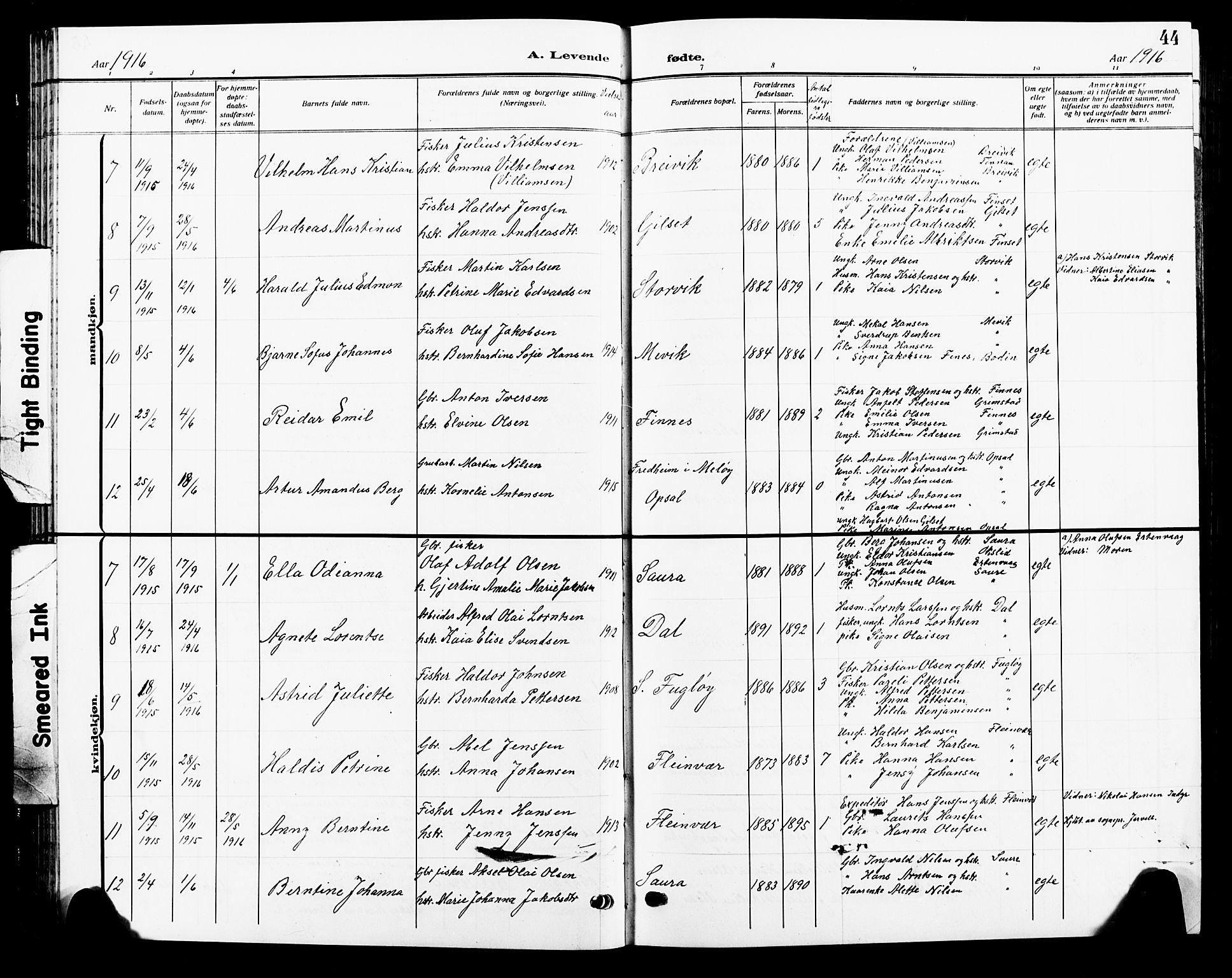 Ministerialprotokoller, klokkerbøker og fødselsregistre - Nordland, AV/SAT-A-1459/805/L0110: Parish register (copy) no. 805C06, 1909-1924, p. 44