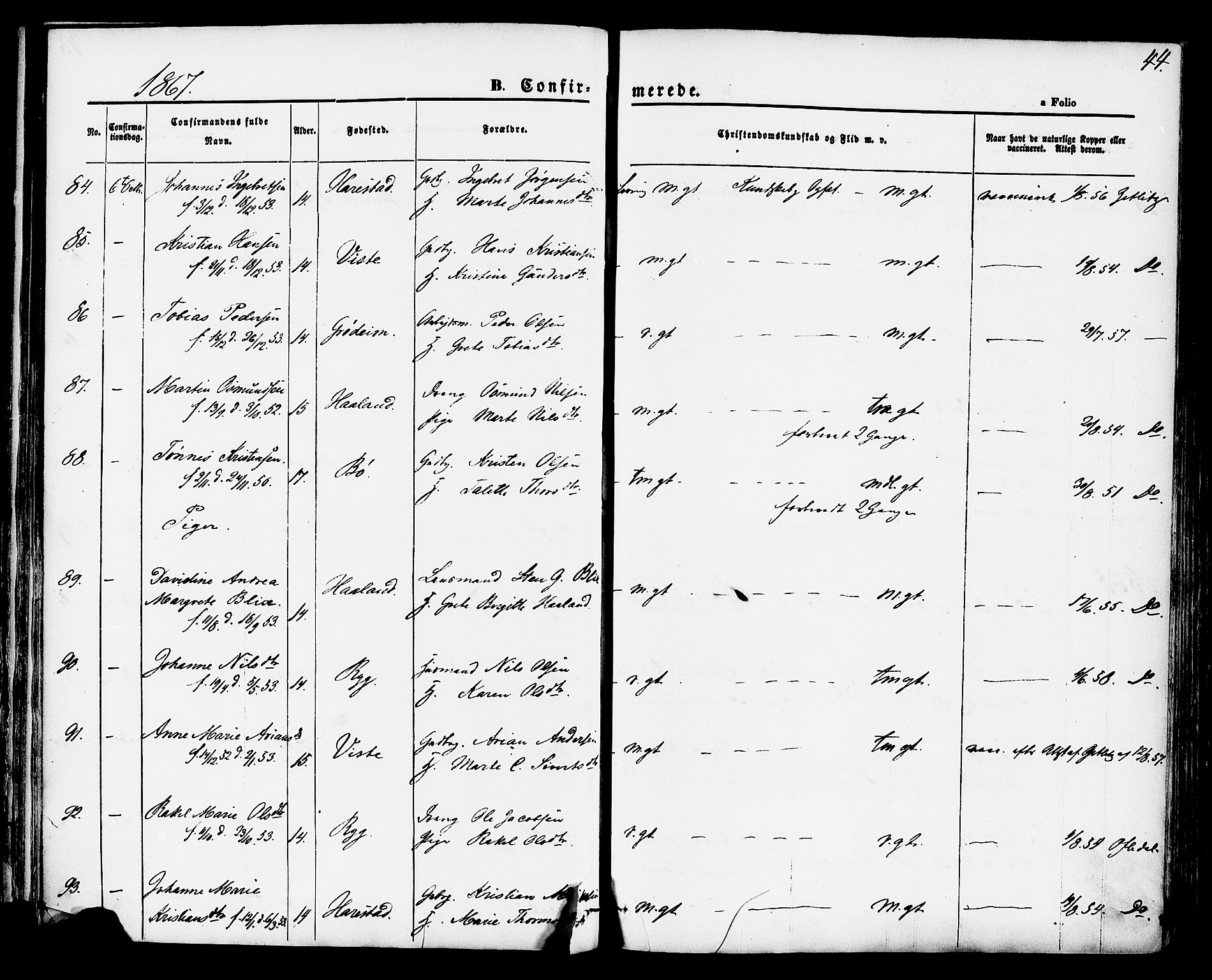 Hetland sokneprestkontor, AV/SAST-A-101826/30/30BA/L0004: Parish register (official) no. A 4, 1862-1881, p. 44