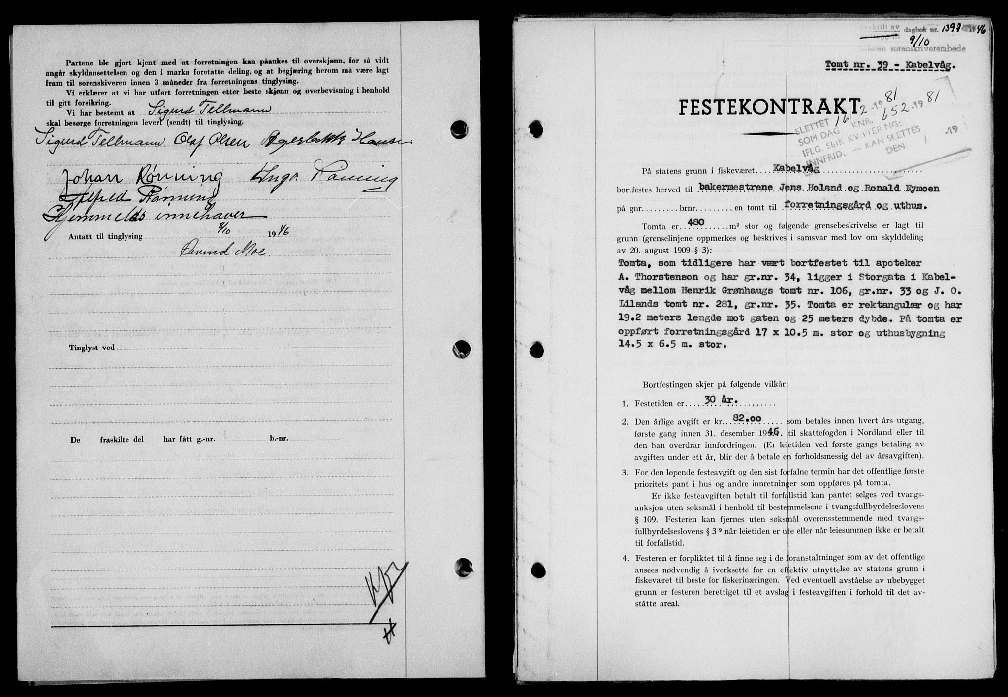 Lofoten sorenskriveri, SAT/A-0017/1/2/2C/L0014a: Mortgage book no. 14a, 1946-1946, Diary no: : 1397/1946