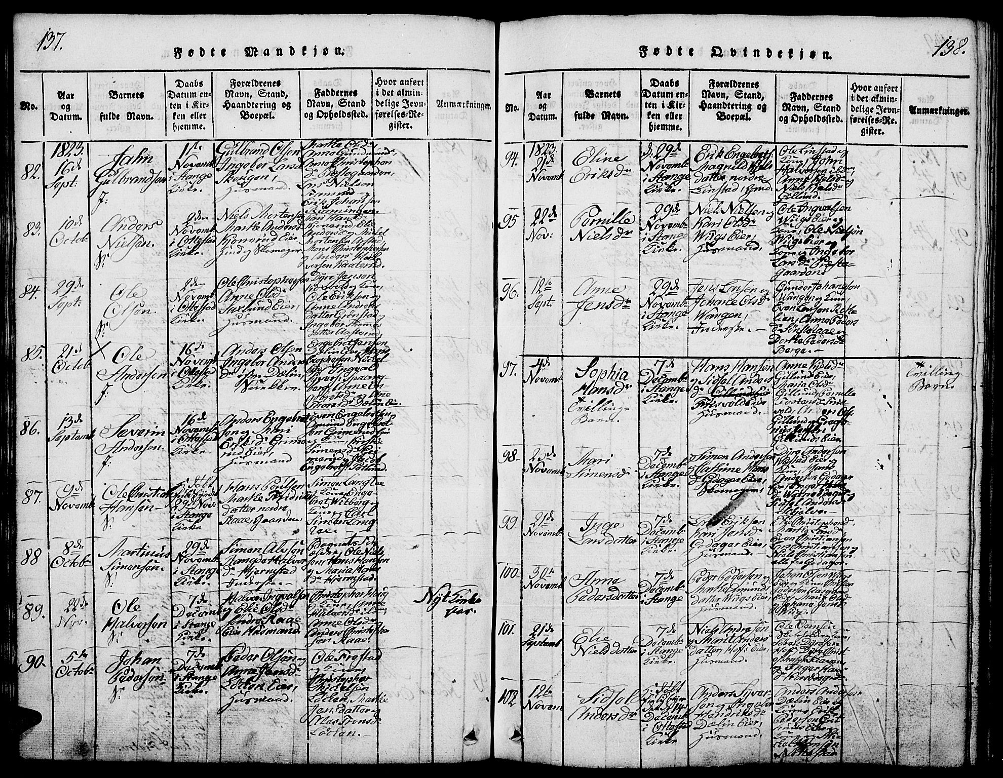 Stange prestekontor, AV/SAH-PREST-002/L/L0001: Parish register (copy) no. 1, 1814-1825, p. 137-138