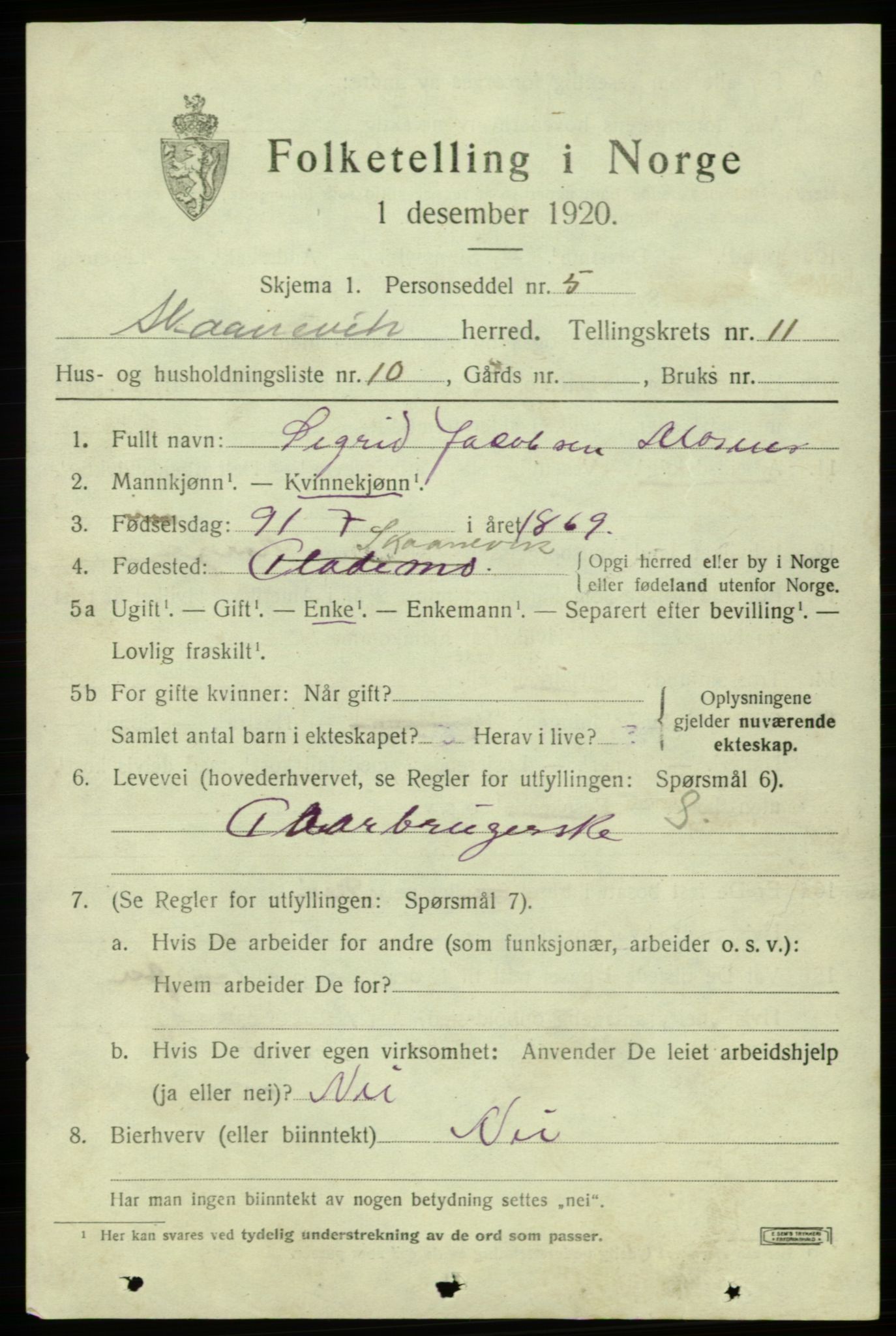 SAB, 1920 census for Skånevik, 1920, p. 5269