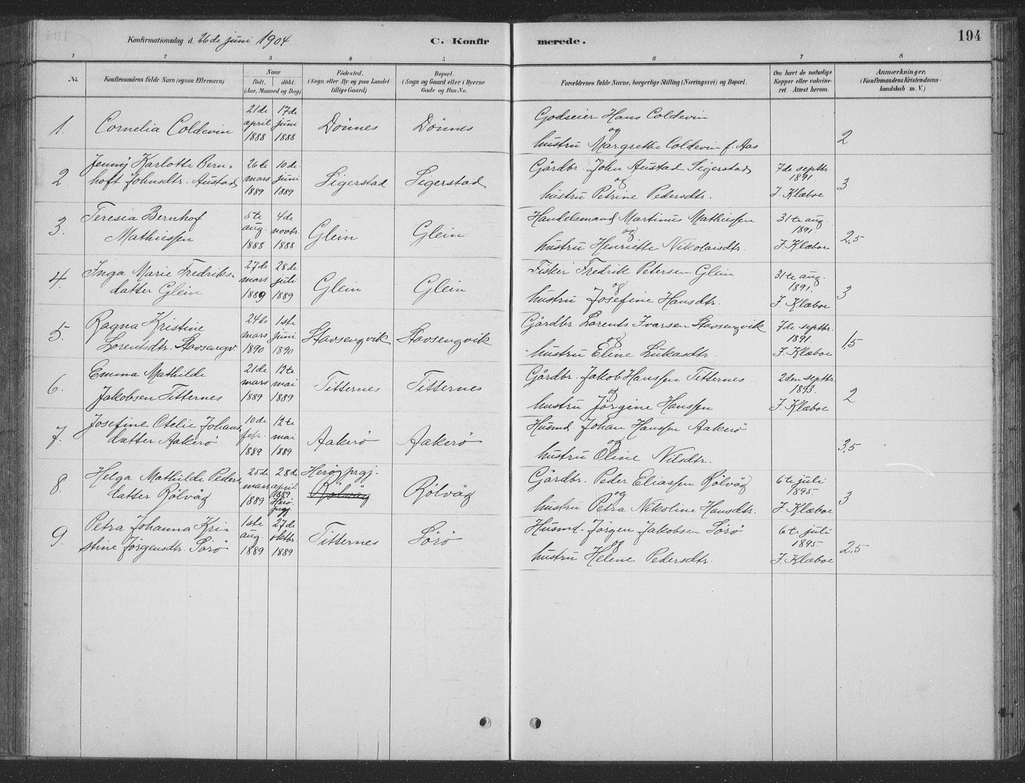 Ministerialprotokoller, klokkerbøker og fødselsregistre - Nordland, AV/SAT-A-1459/835/L0532: Parish register (copy) no. 835C04, 1880-1905, p. 194