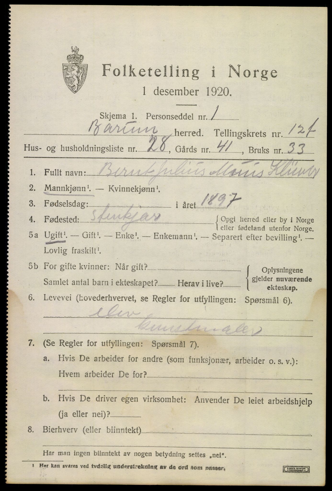 SAO, 1920 census for Bærum, 1920, p. 33020