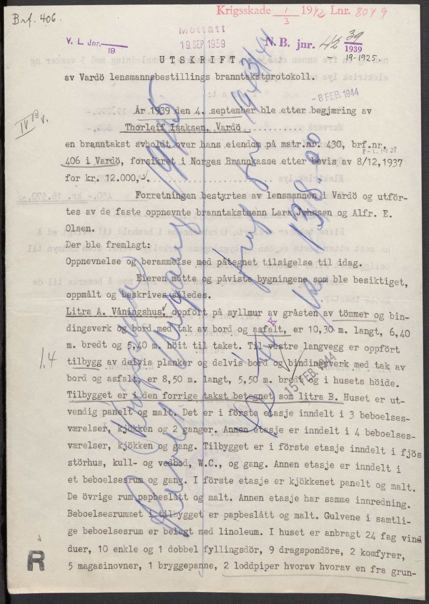 Norges Brannkasse, AV/RA-S-1549/E/Eu/L0019: Branntakster for Vardø by, 1889-1955, p. 47