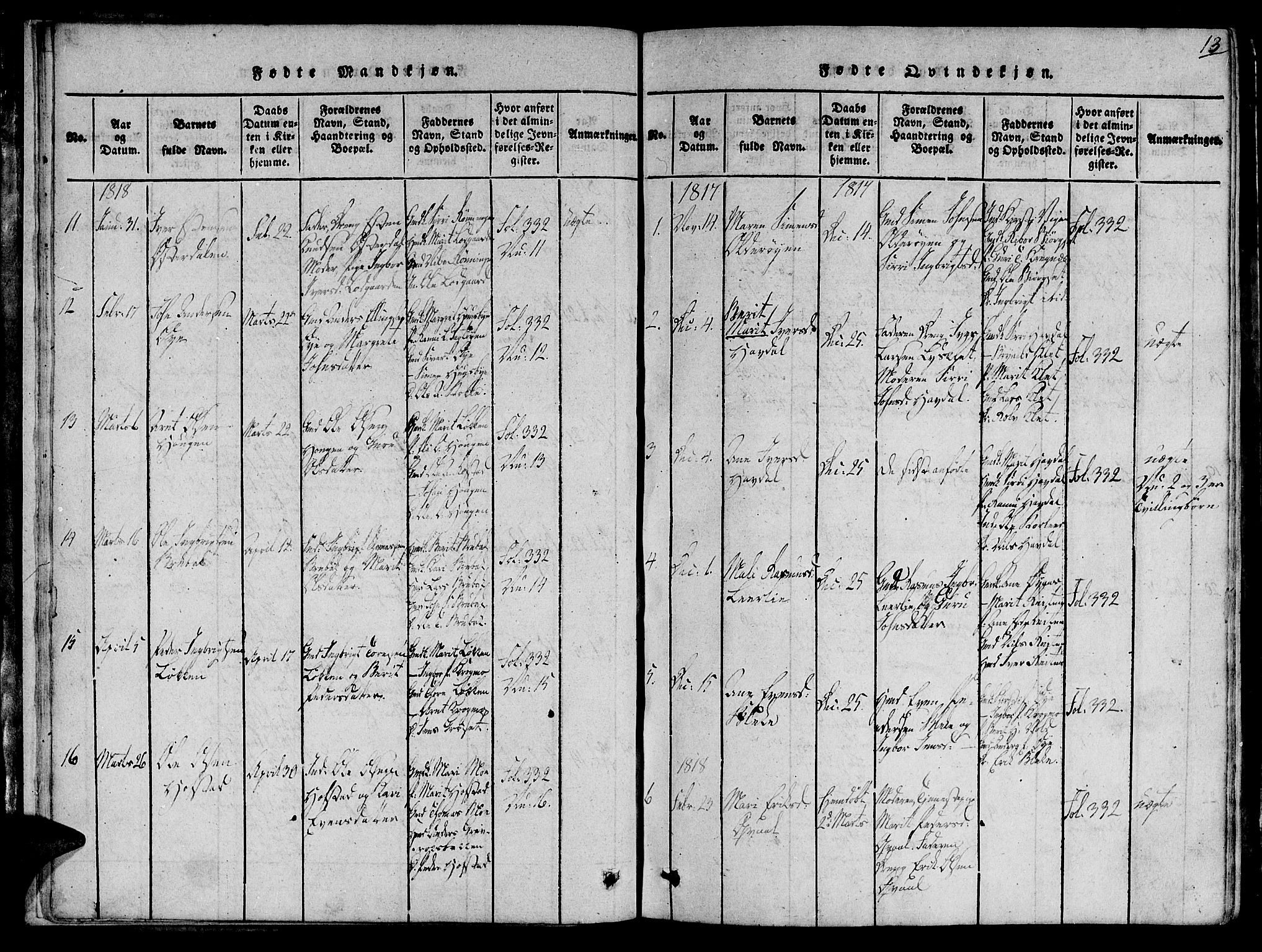Ministerialprotokoller, klokkerbøker og fødselsregistre - Sør-Trøndelag, SAT/A-1456/691/L1065: Parish register (official) no. 691A03 /1, 1816-1826, p. 13