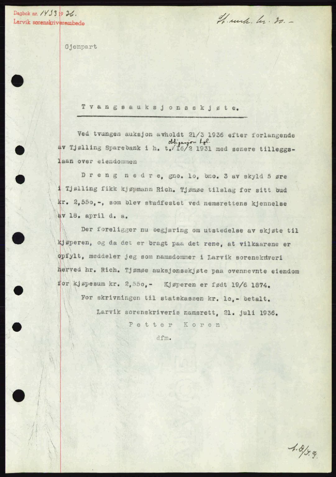 Larvik sorenskriveri, SAKO/A-83/G/Ga/Gab/L0067: Mortgage book no. A-1, 1936-1937, Diary no: : 1433/1936