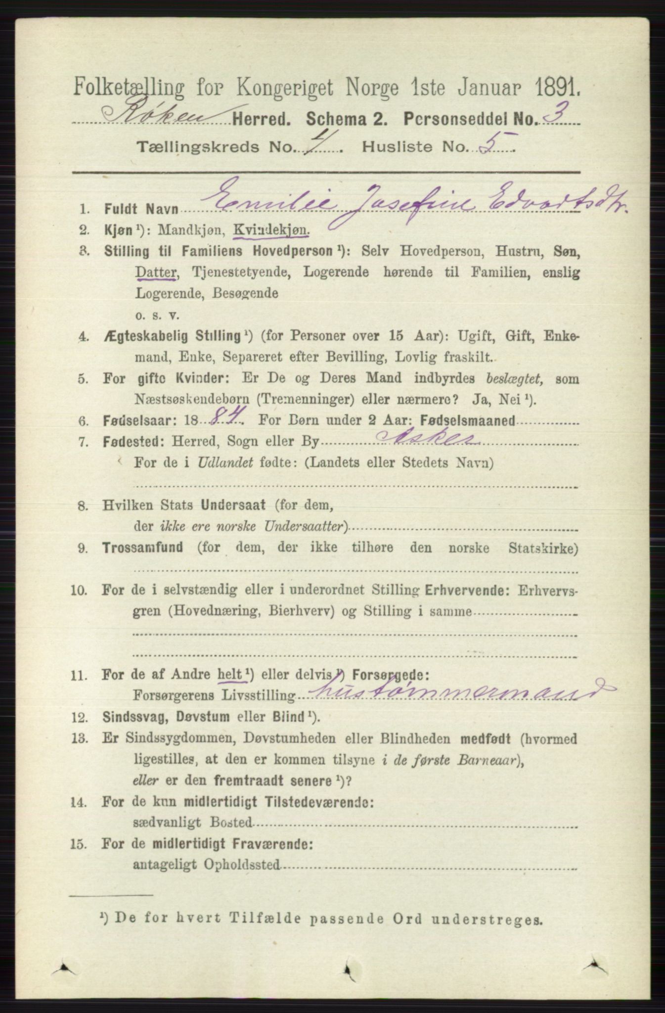 RA, 1891 census for 0627 Røyken, 1891, p. 1885
