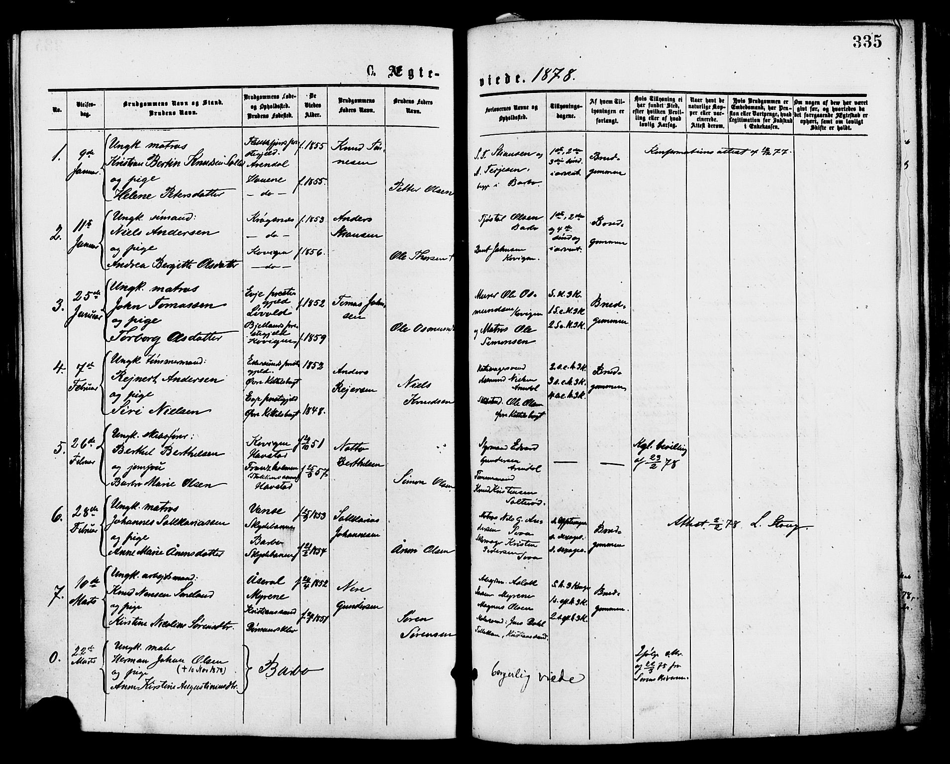 Barbu sokneprestkontor, SAK/1111-0003/F/Fa/L0001: Parish register (official) no. A 1 /1, 1878-1883, p. 335
