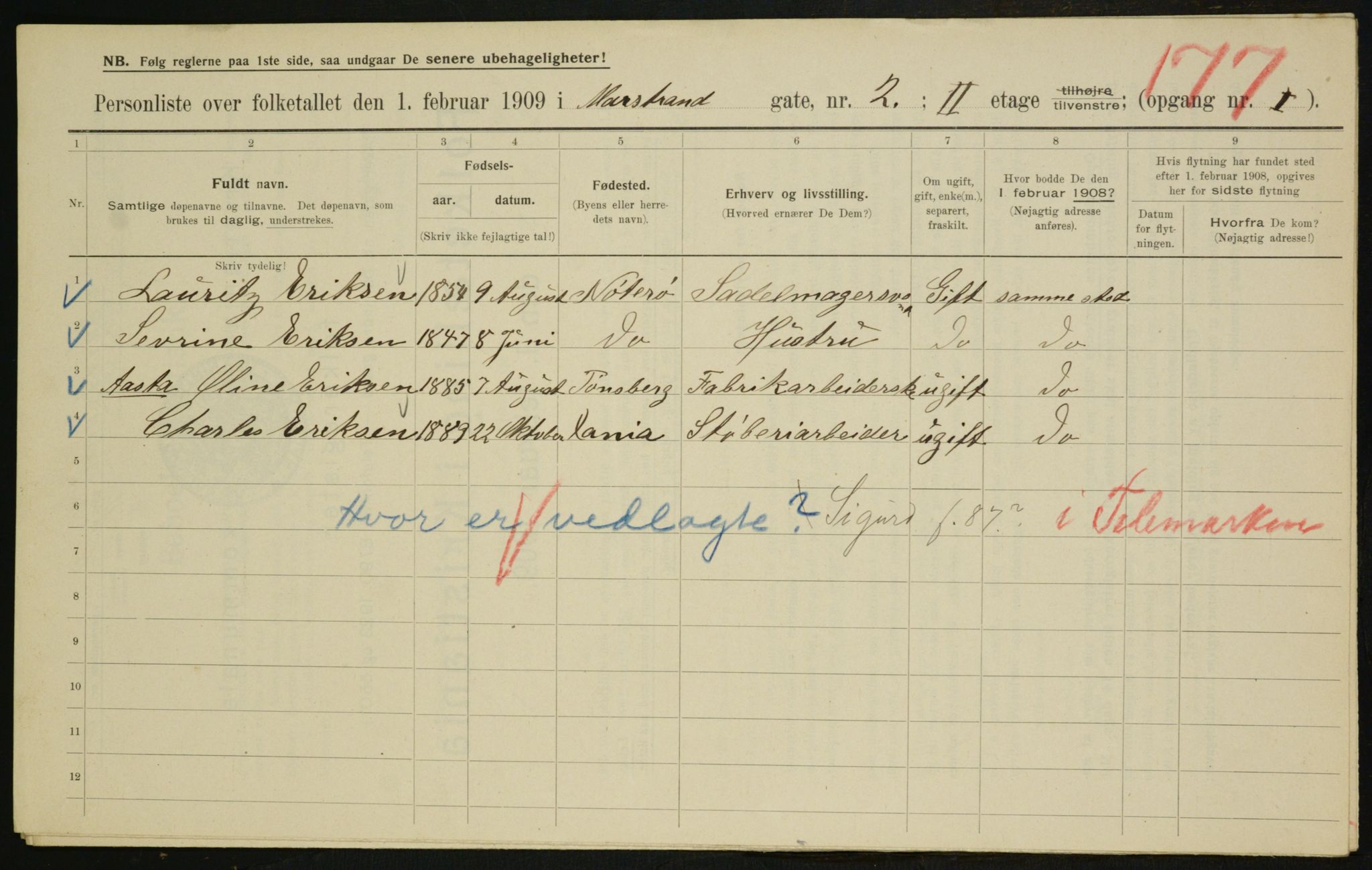 OBA, Municipal Census 1909 for Kristiania, 1909, p. 58696