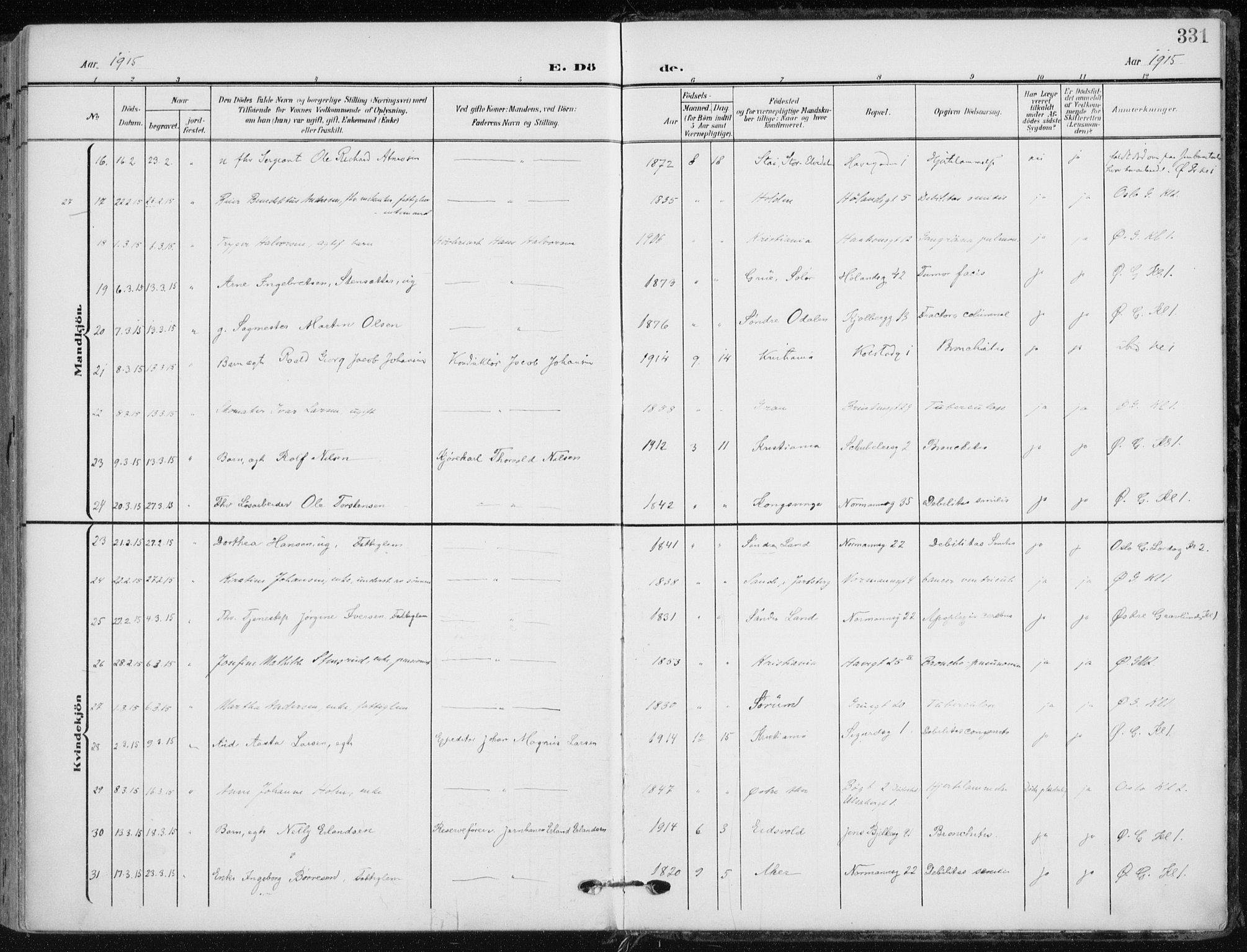 Kampen prestekontor Kirkebøker, AV/SAO-A-10853/F/Fa/L0011: Parish register (official) no. I 11, 1907-1917, p. 331