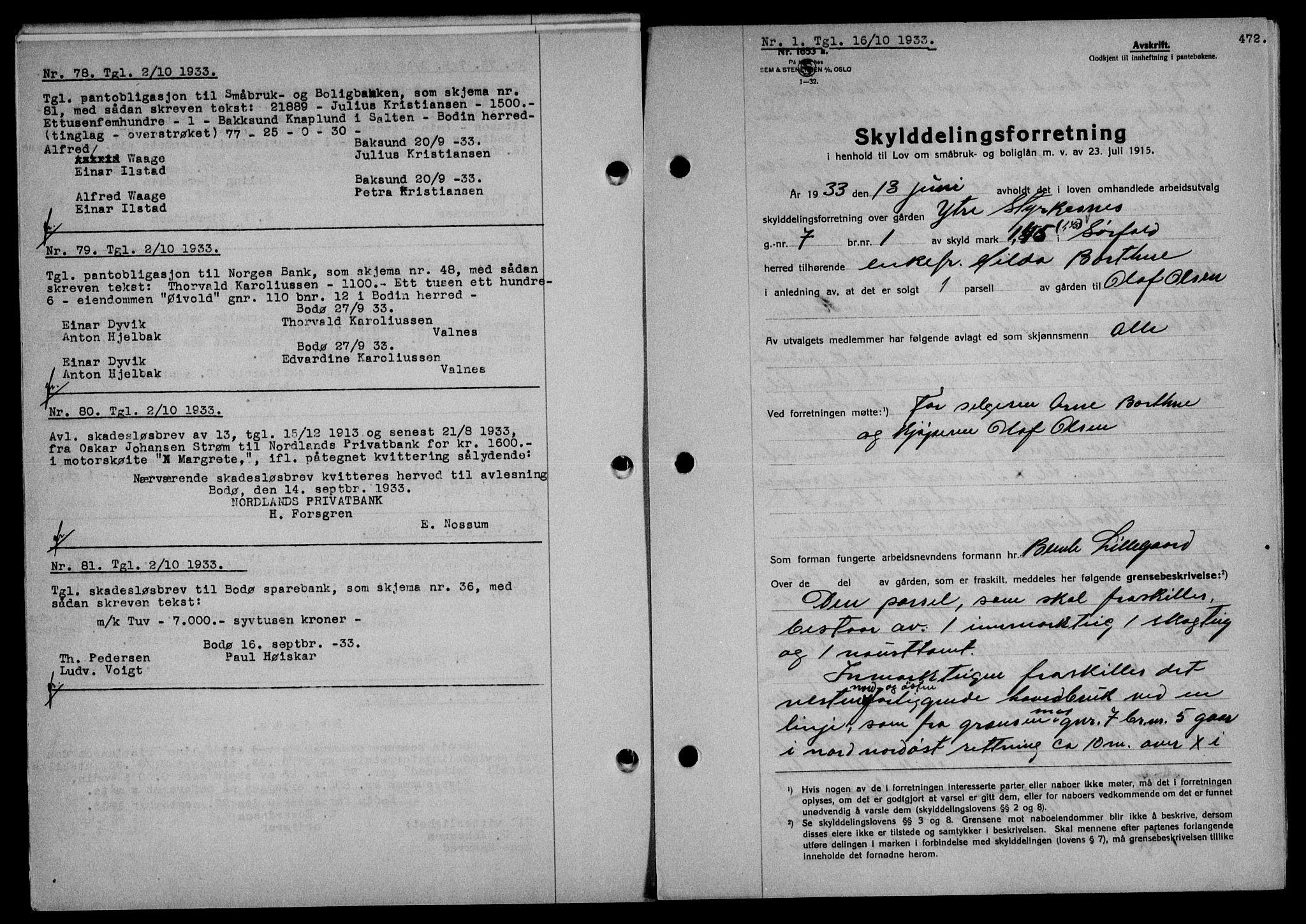 Salten sorenskriveri, SAT/A-4578/1/2/2C/L0063: Mortgage book no. 53, 1933-1933, Deed date: 16.10.1933