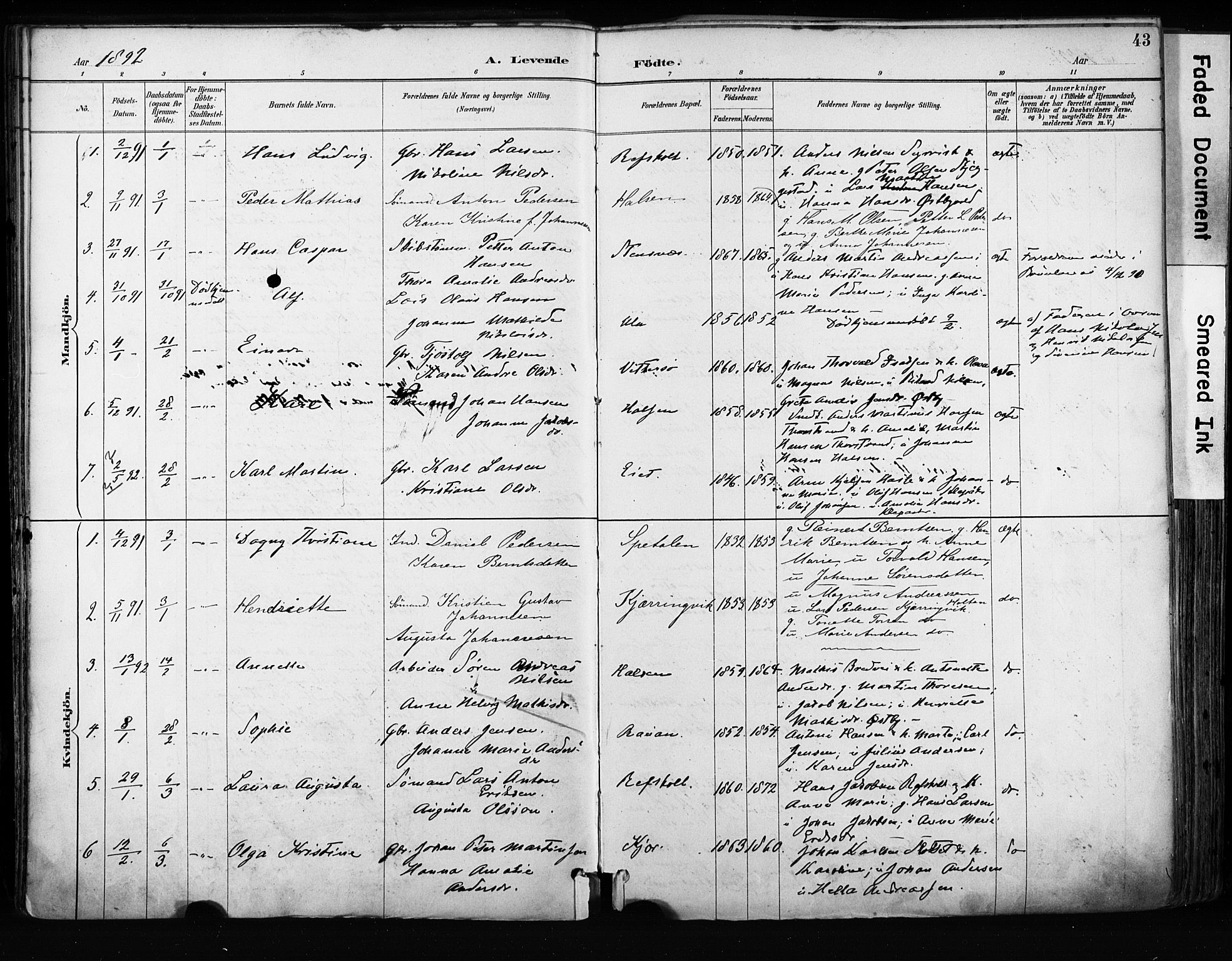 Tjølling kirkebøker, AV/SAKO-A-60/F/Fa/L0009: Parish register (official) no. 9, 1887-1905, p. 43