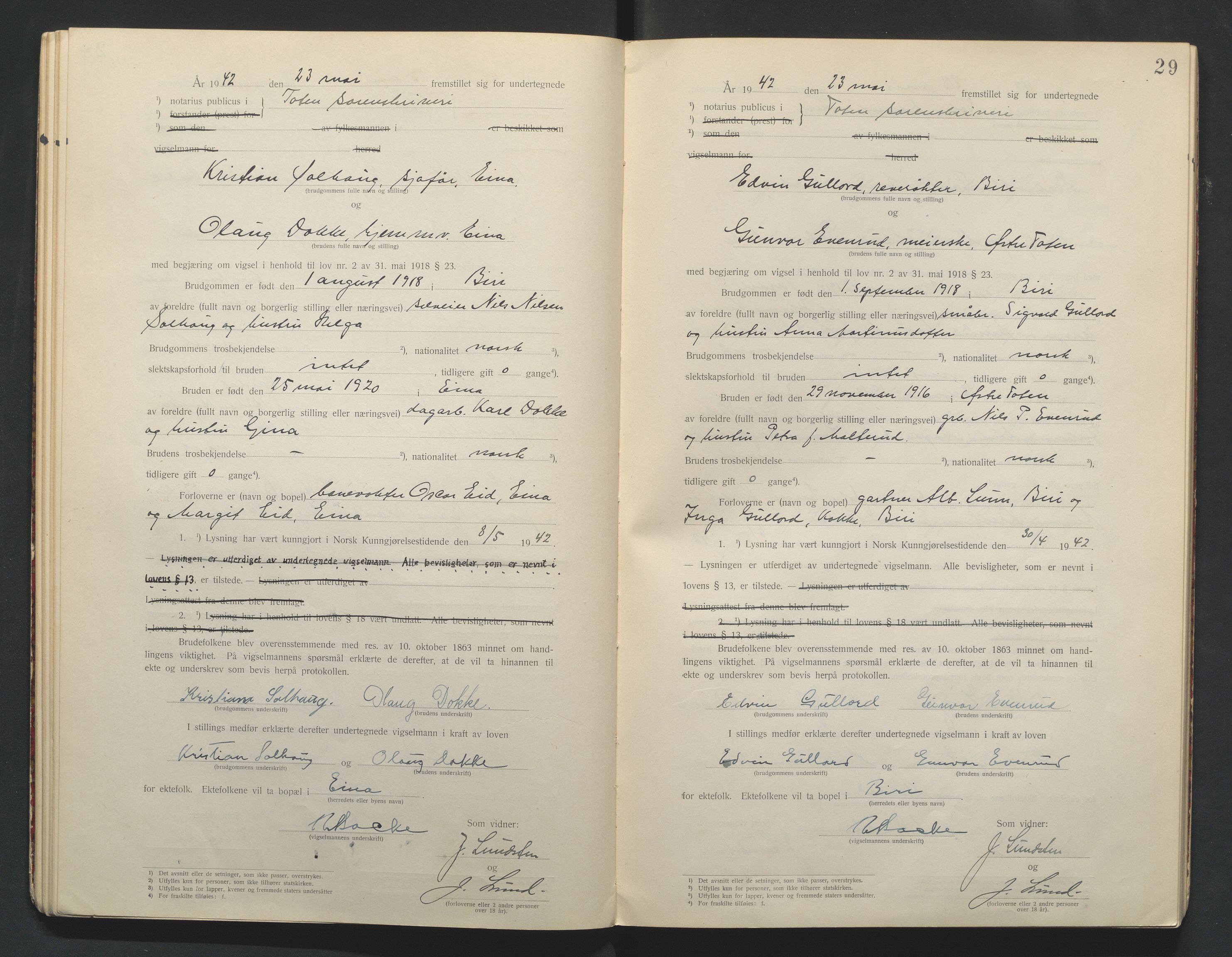Toten tingrett, AV/SAH-TING-006/L/Lc/L0001: Vigselbok, 1920-1942, p. 29