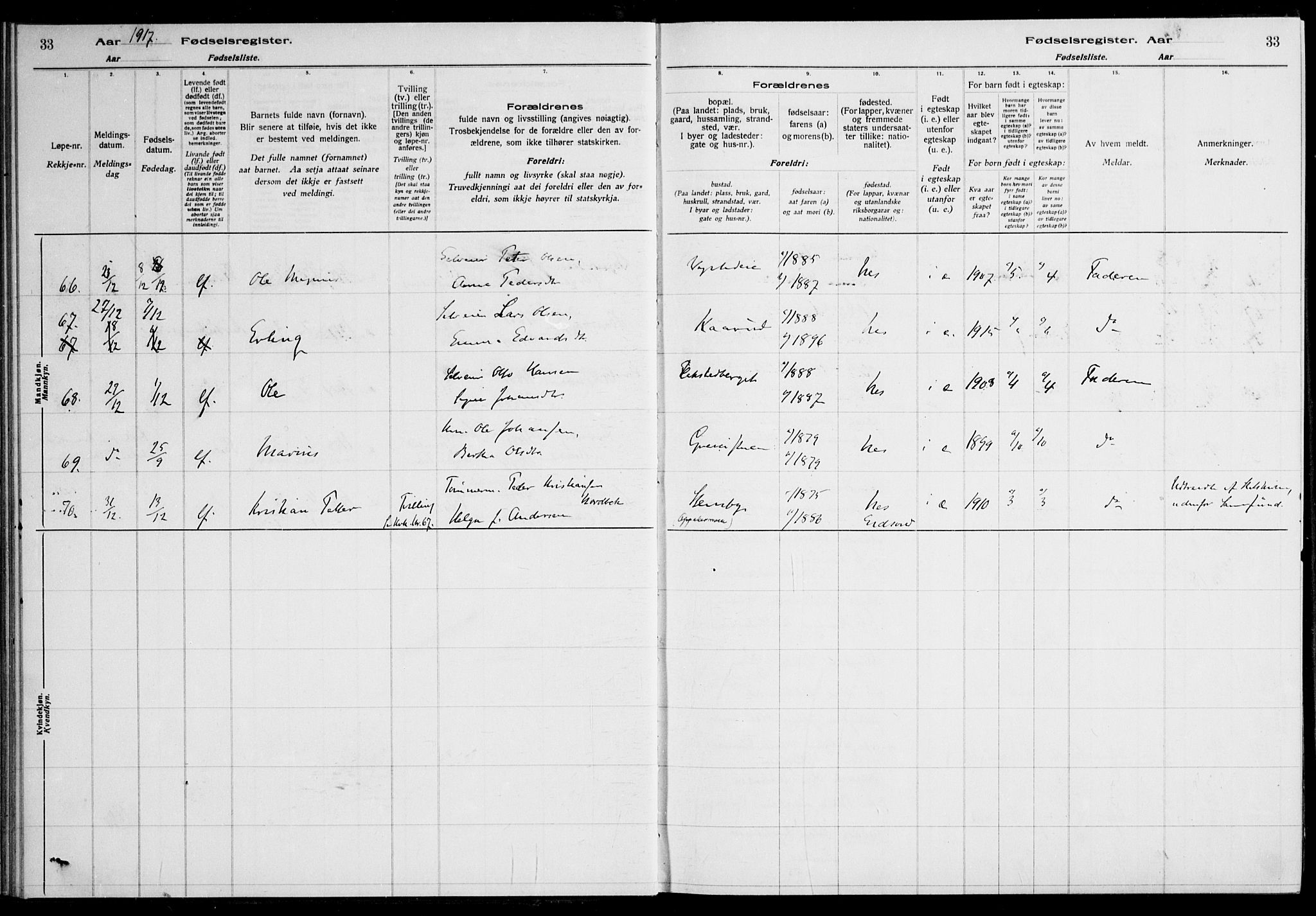 Nes prestekontor Kirkebøker, AV/SAO-A-10410/J/Ja/L0001: Birth register no. 1, 1916-1926, p. 33