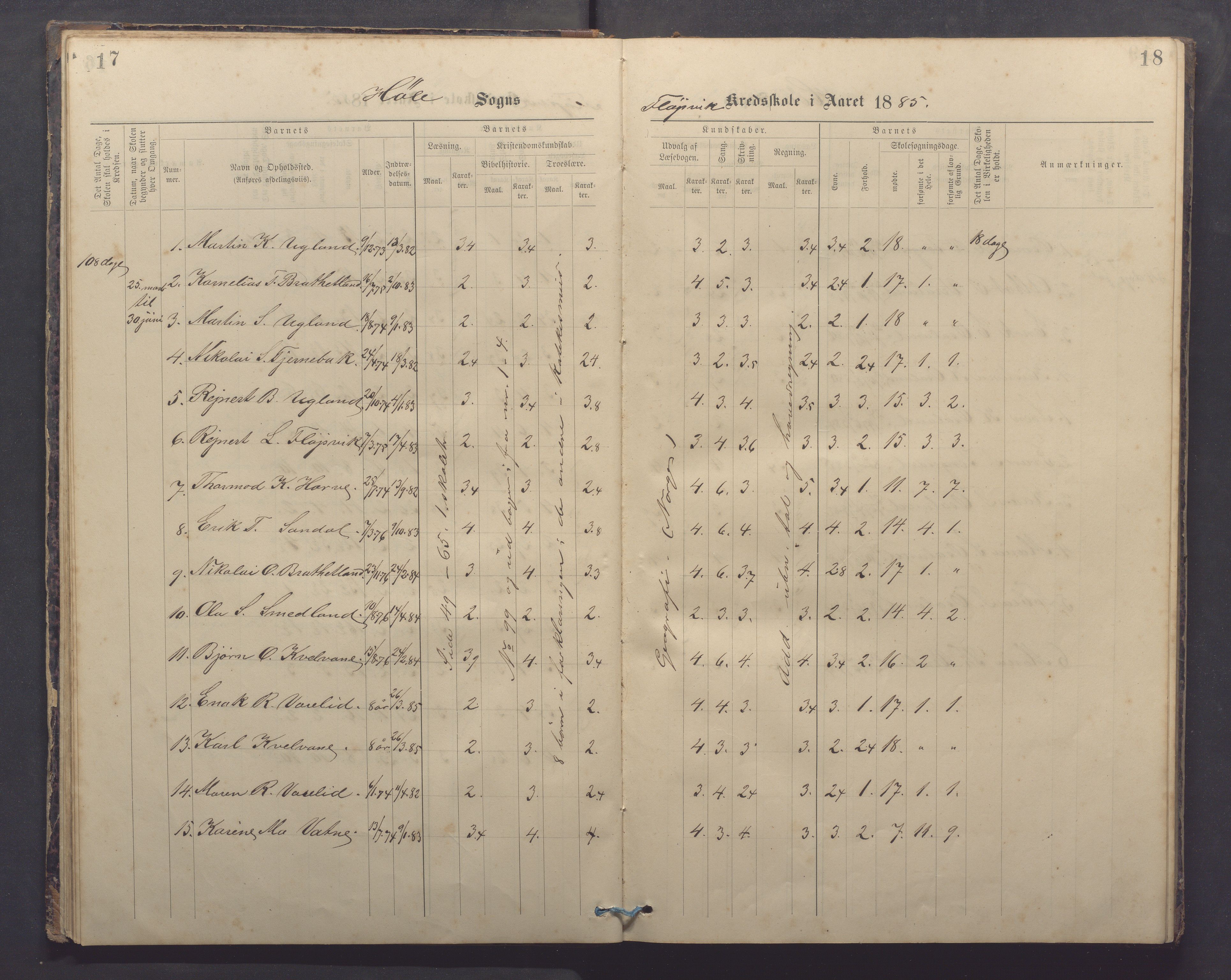 Høle kommune - Tengesdal skole, IKAR/K-100033/F/L0001: Skoleprotokoll, 1884-1893, p. 17-18