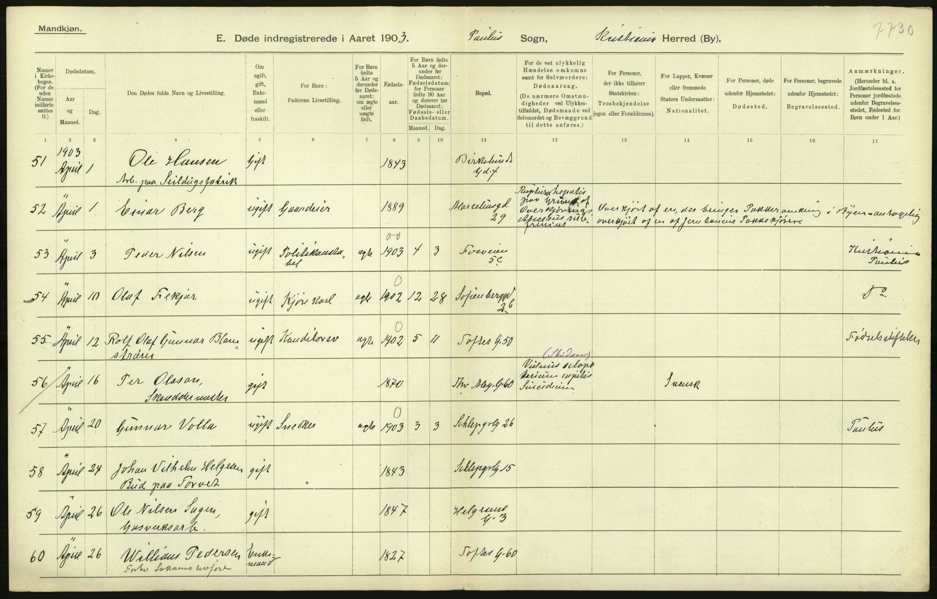 Statistisk sentralbyrå, Sosiodemografiske emner, Befolkning, AV/RA-S-2228/D/Df/Dfa/Dfaa/L0004: Kristiania: Gifte, døde, 1903, p. 310