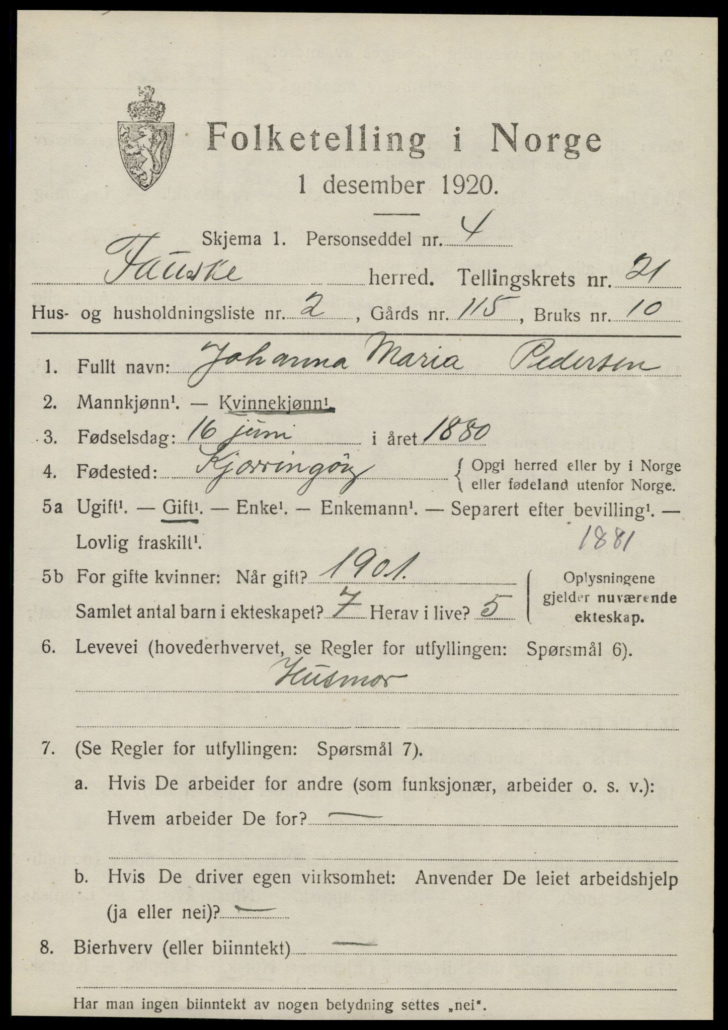 SAT, 1920 census for Fauske, 1920, p. 12916