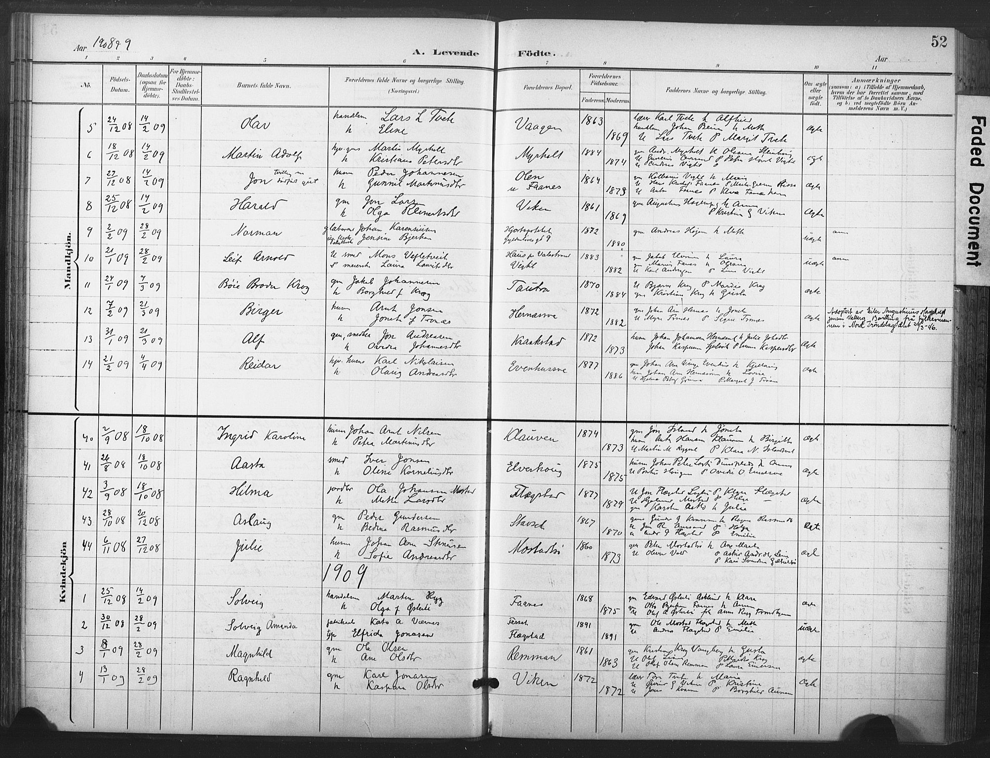Ministerialprotokoller, klokkerbøker og fødselsregistre - Nord-Trøndelag, AV/SAT-A-1458/713/L0122: Parish register (official) no. 713A11, 1899-1910, p. 52