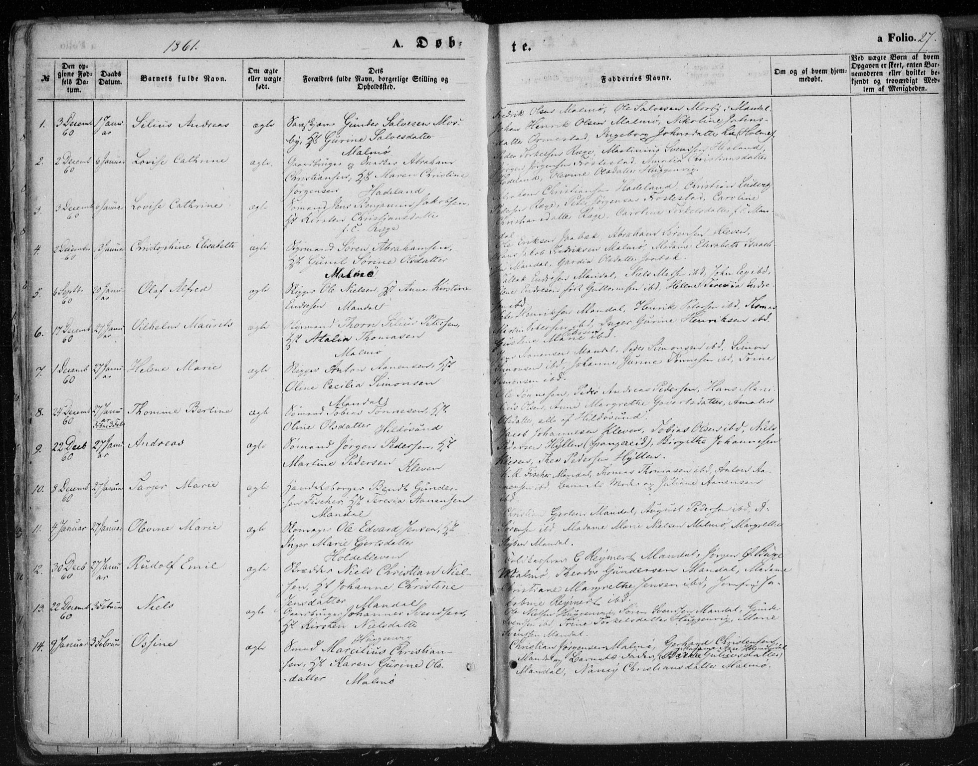 Mandal sokneprestkontor, SAK/1111-0030/F/Fa/Faa/L0014: Parish register (official) no. A 14, 1859-1872, p. 27