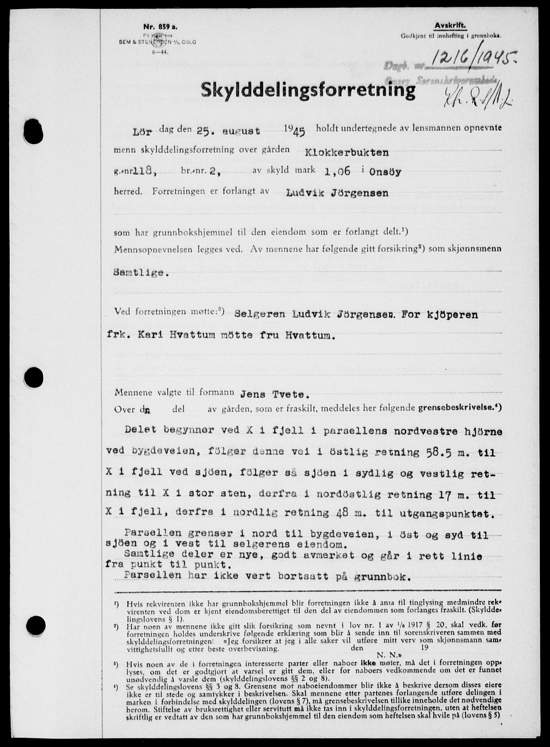 Onsøy sorenskriveri, SAO/A-10474/G/Ga/Gab/L0014: Mortgage book no. II A-14, 1944-1945, Diary no: : 1216/1945