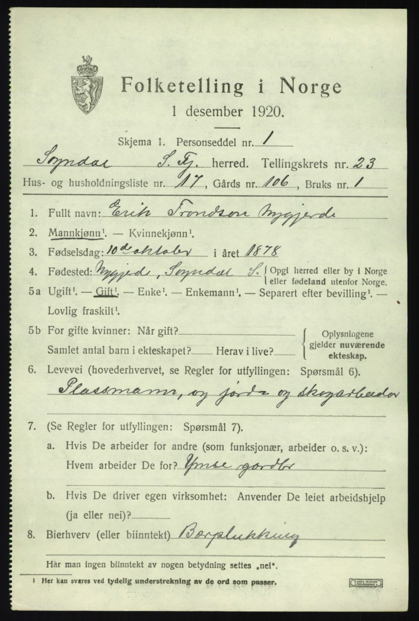 SAB, 1920 census for Sogndal, 1920, p. 8299