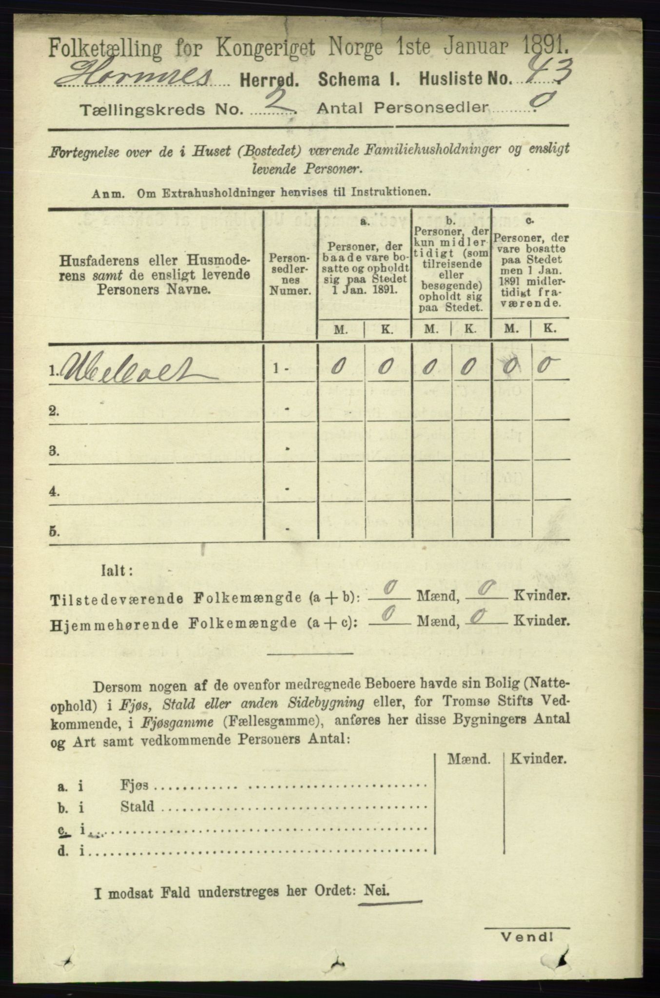 RA, 1891 census for 0936 Hornnes, 1891, p. 215