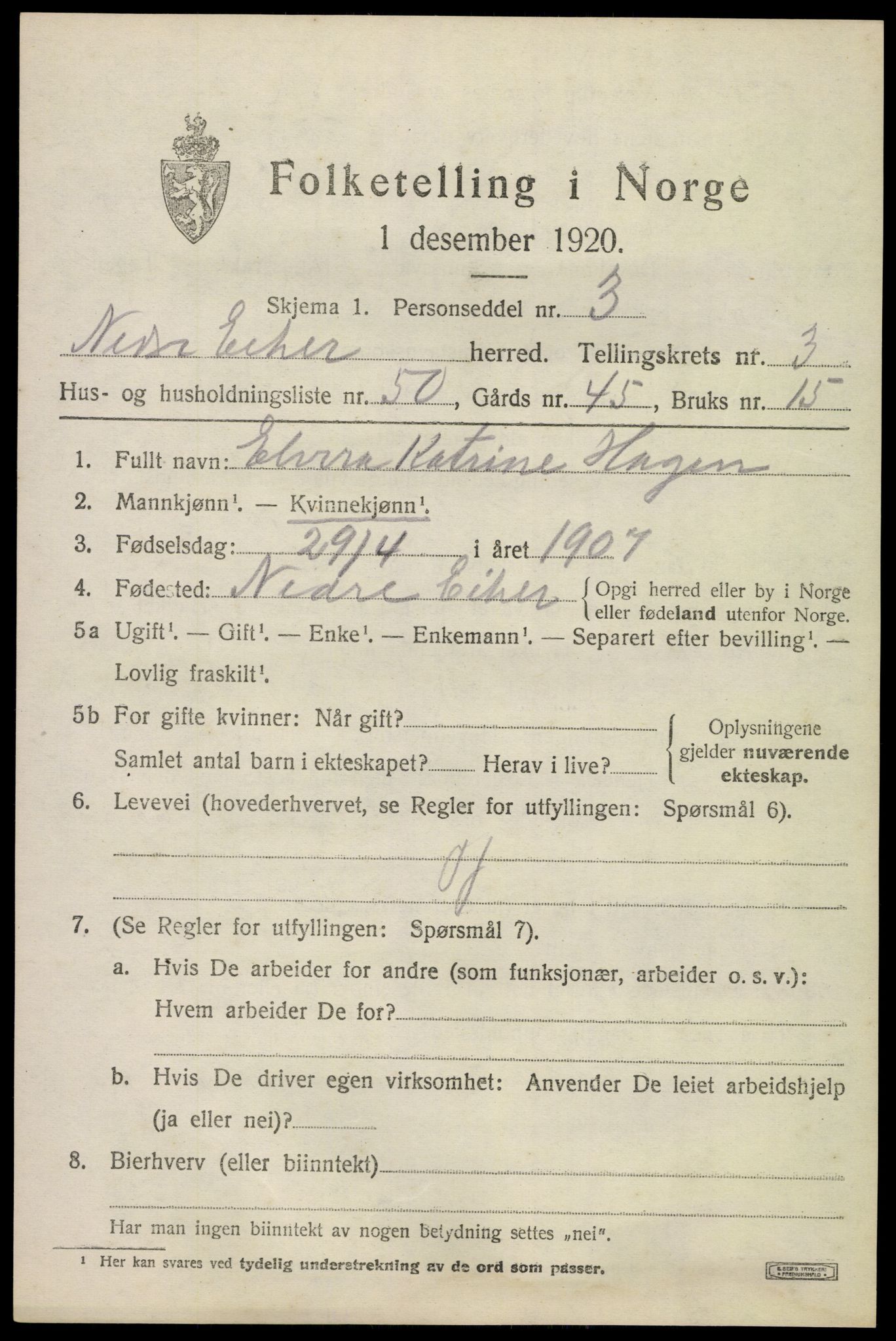 SAKO, 1920 census for Nedre Eiker, 1920, p. 5001