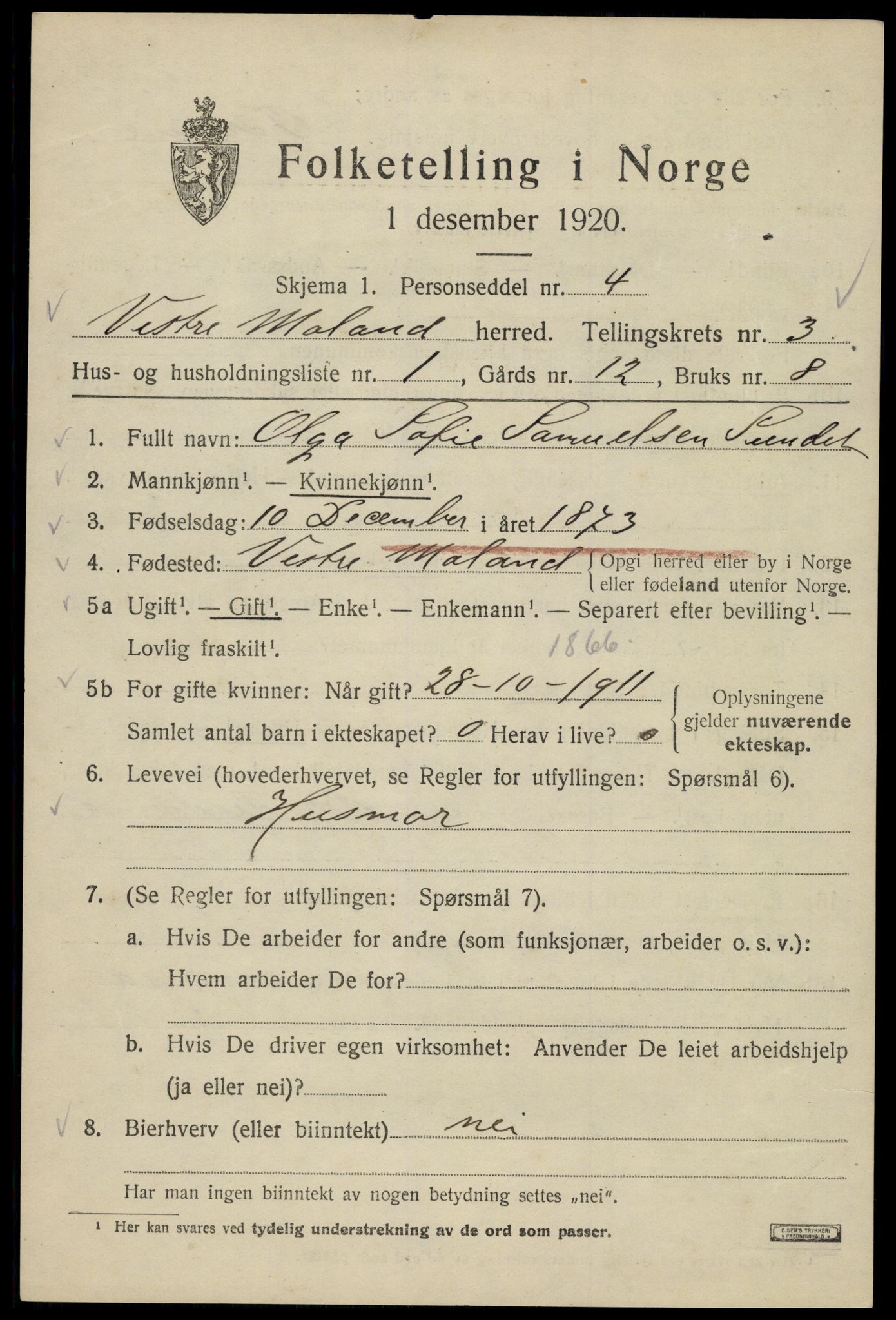 SAK, 1920 census for Vestre Moland, 1920, p. 3343